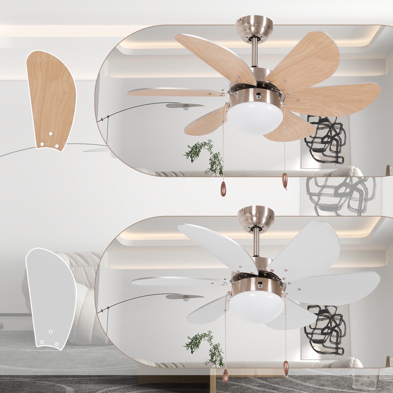 Stropní ventilátor s LED osvětlením, 6 oboustranných lopatek s dekorem buku