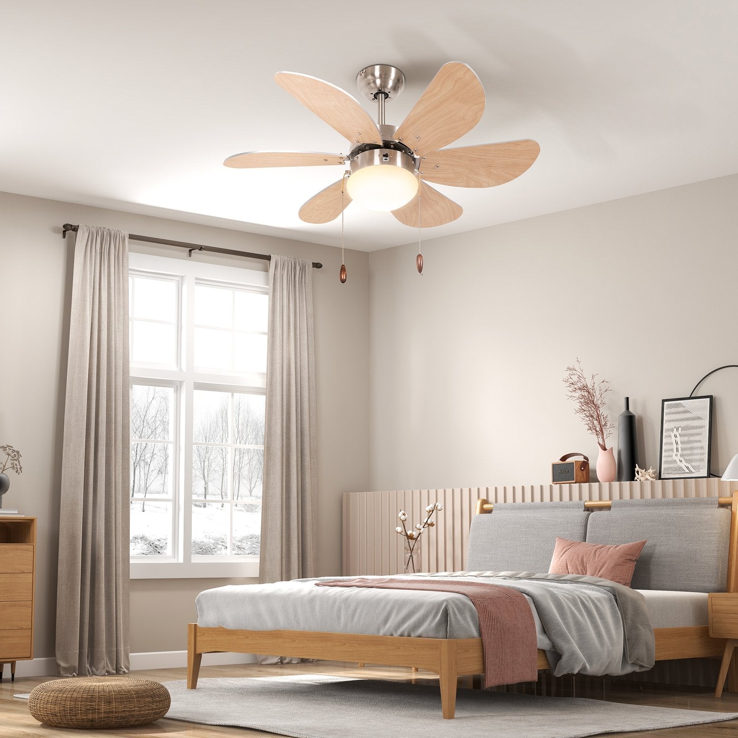 Stropní ventilátor s LED osvětlením, 6 oboustranných lopatek s dekorem buku