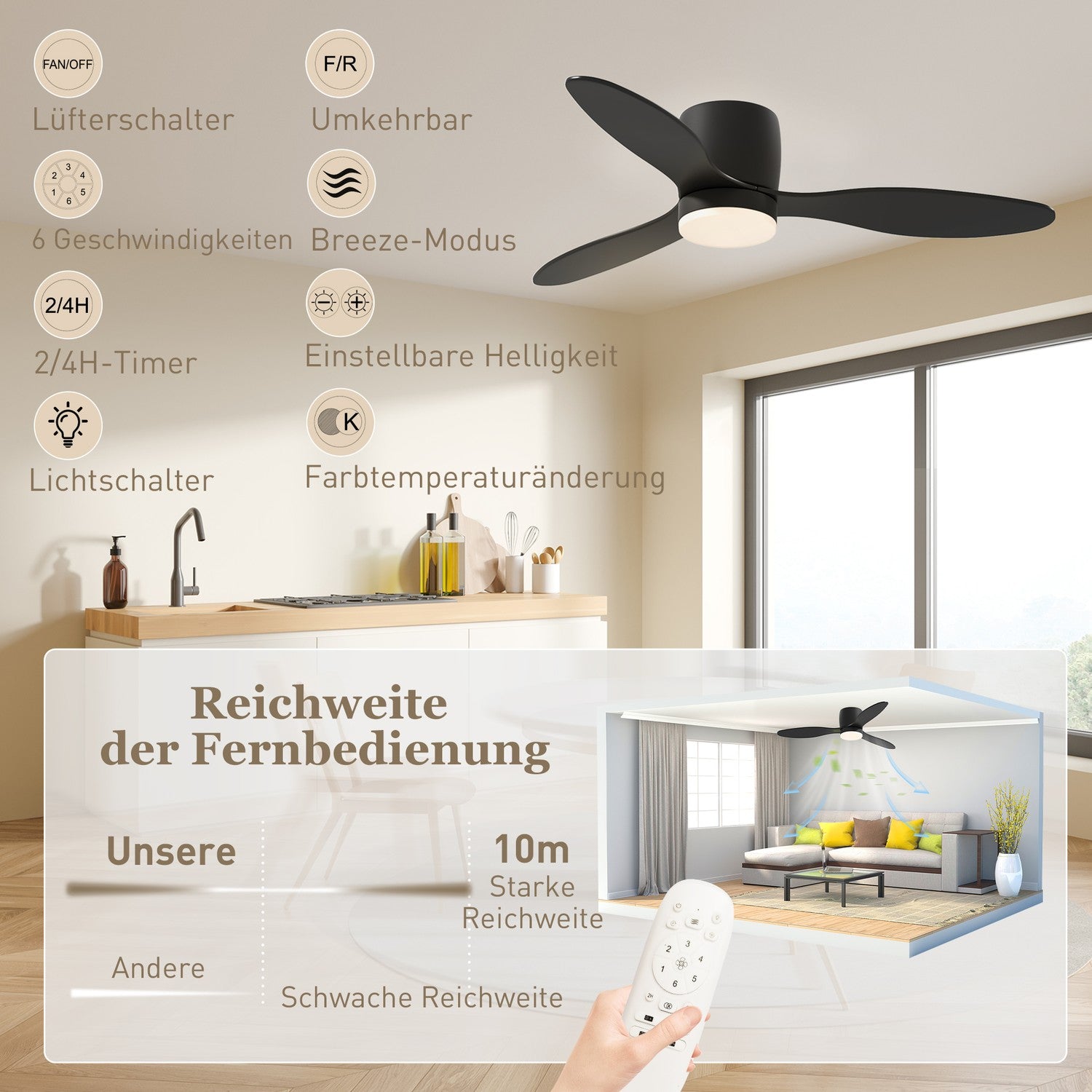 Stropní ventilátor se světlem, dálkovým ovládáním a časovačem – 115 cm, 6 rychlostí