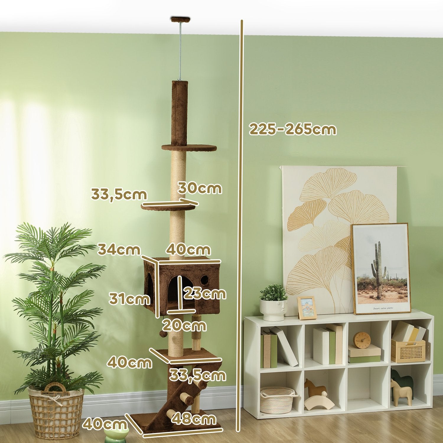 Takhögt kattträd med grotta & lekboll 225-265cm