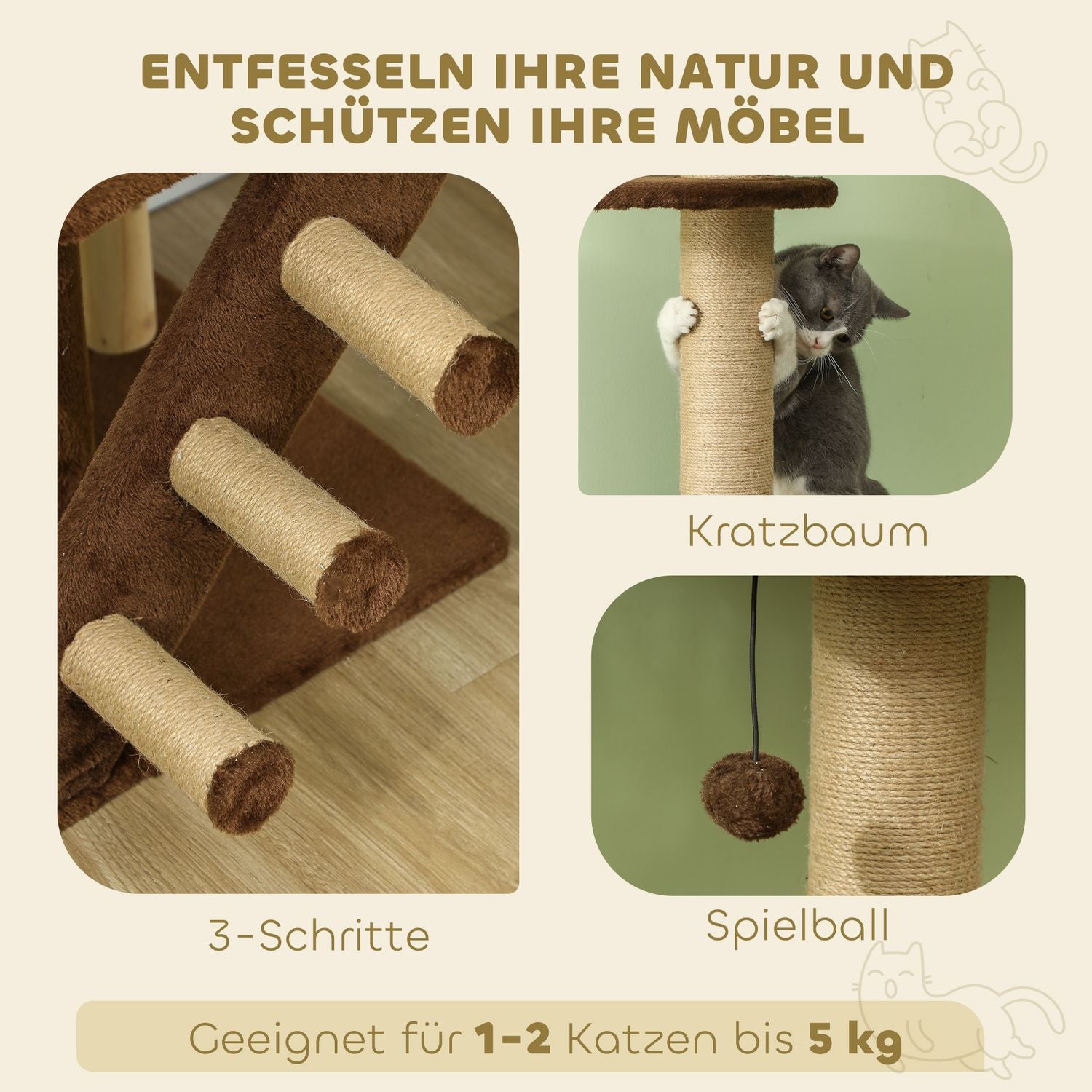 Takhögt kattträd med grotta & lekboll 225-265cm