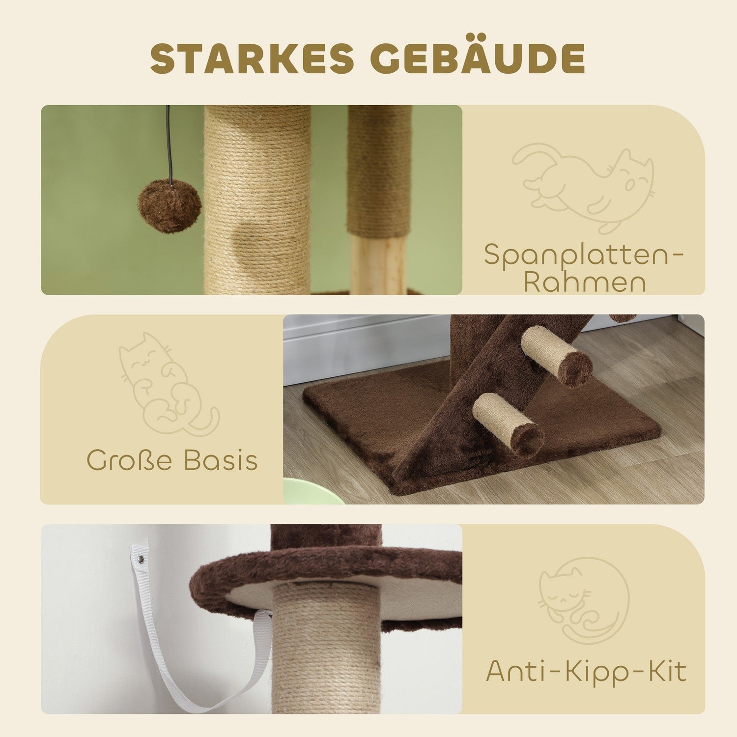 Takhögt kattträd med grotta & lekboll 225-265cm