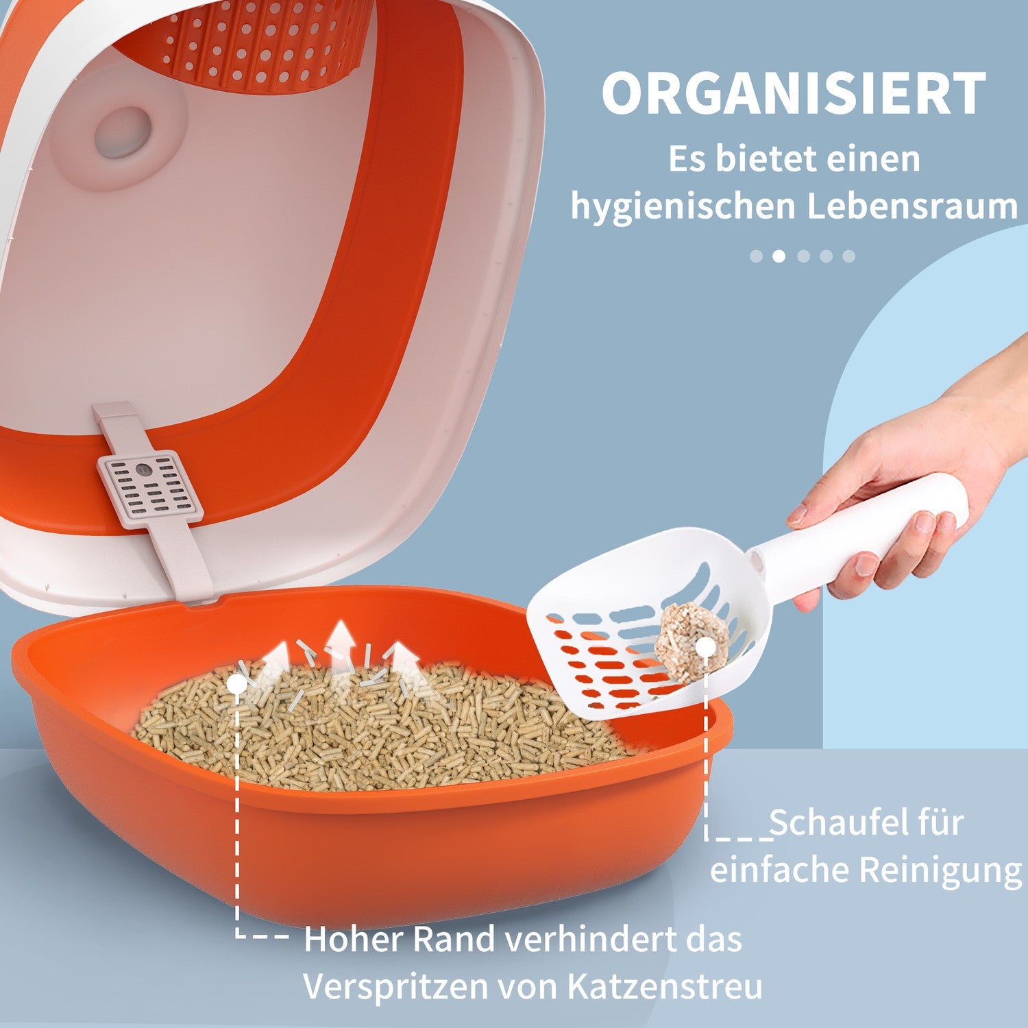 Täckt kattsandlåda med luktborttagare och skopa