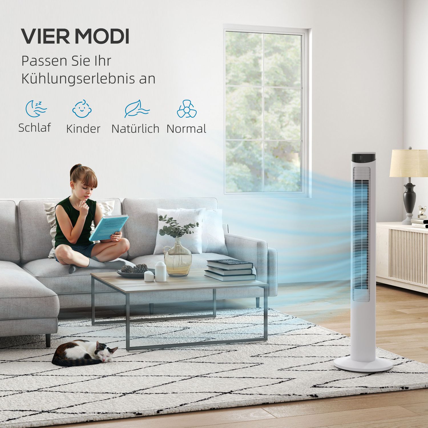 Věžový ventilátor – 3 rychlosti, dálkové ovládání, časovač, oscilace 70°, bílý