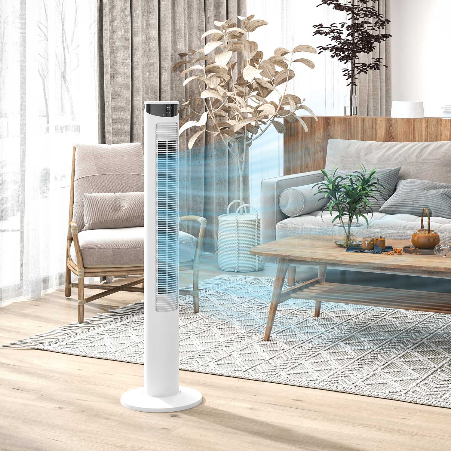 Věžový ventilátor – 3 rychlosti, dálkové ovládání, časovač, oscilace 70°, bílý