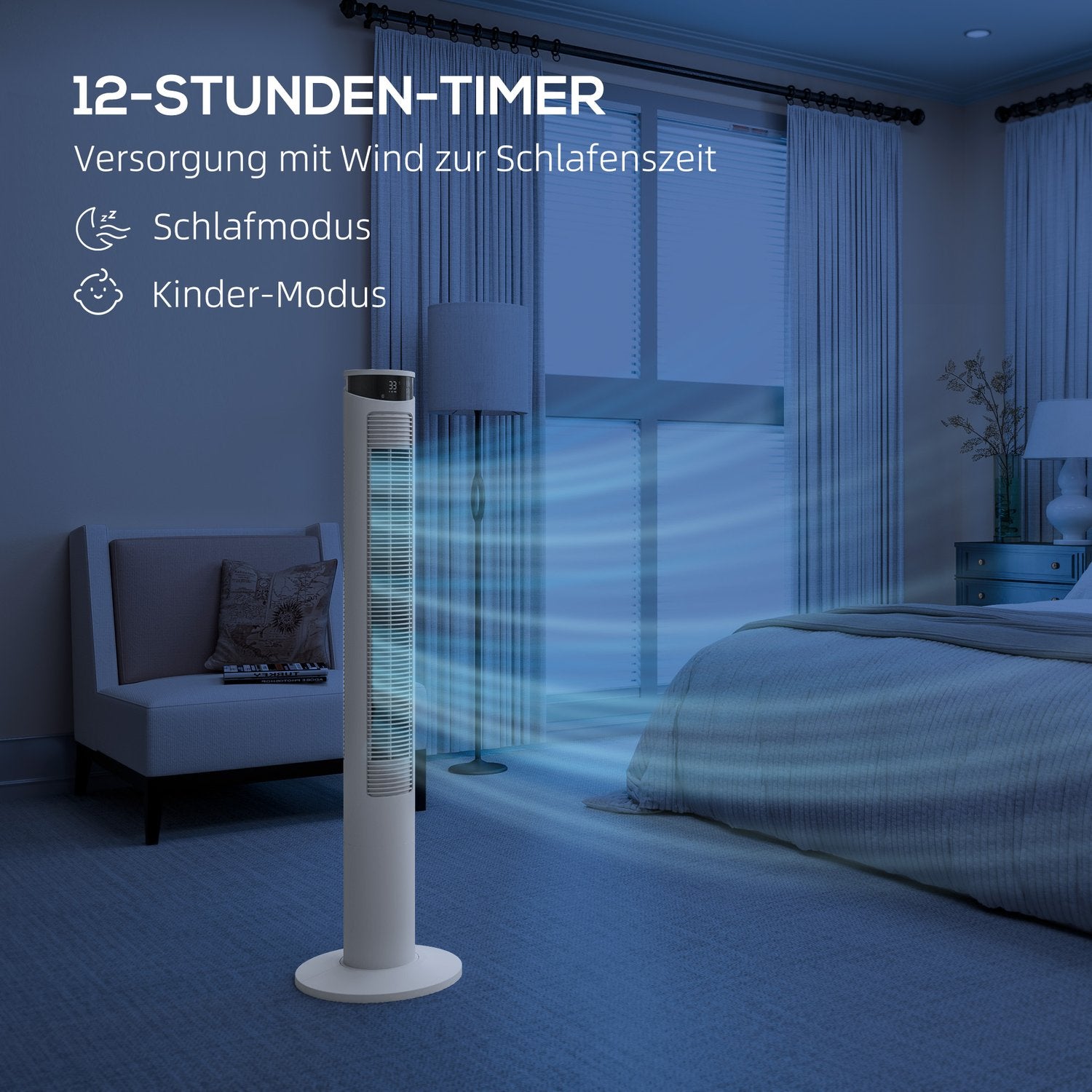 Věžový ventilátor – 3 rychlosti, dálkové ovládání, časovač, oscilace 70°, bílý