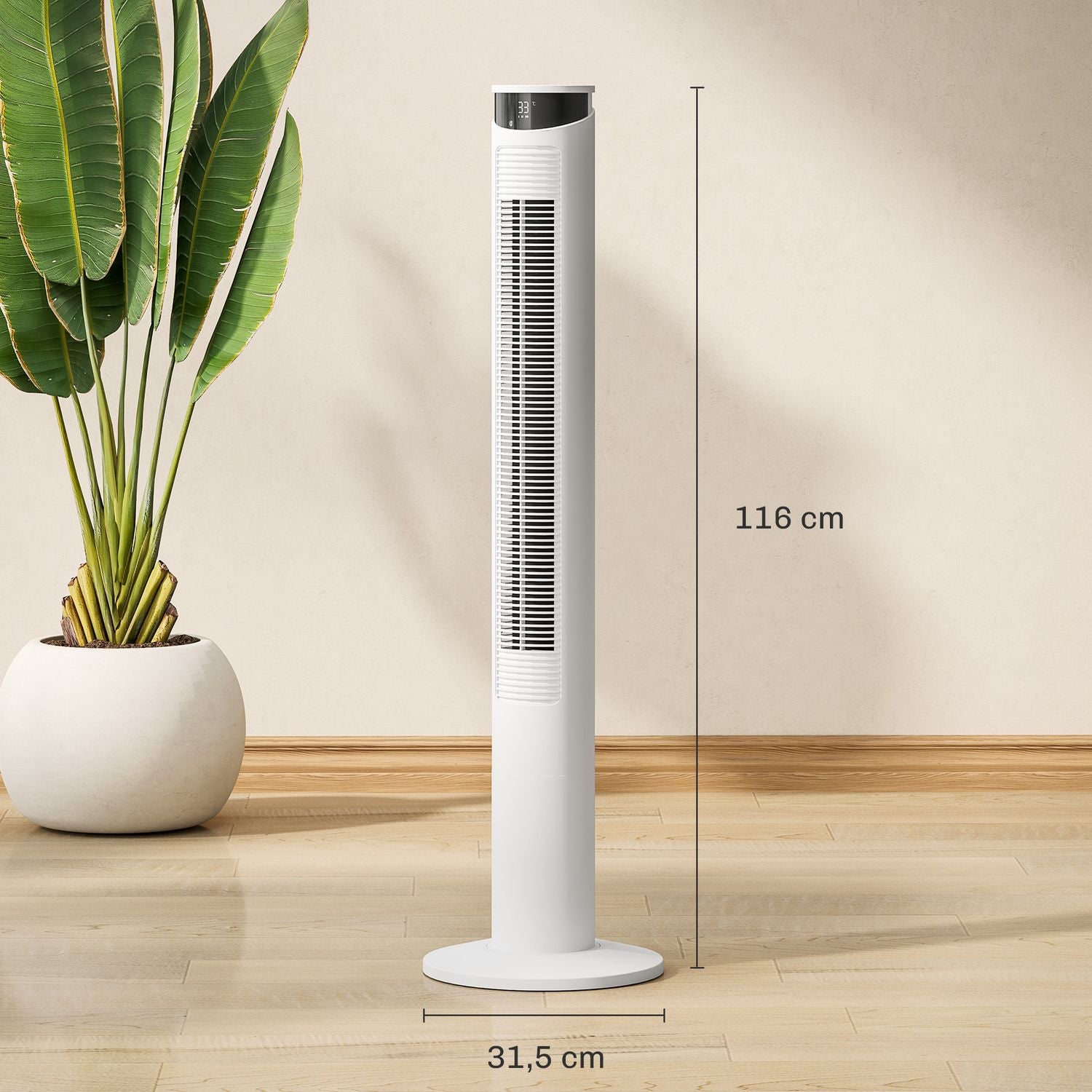 Věžový ventilátor – 3 rychlosti, dálkové ovládání, časovač, oscilace 70°, bílý