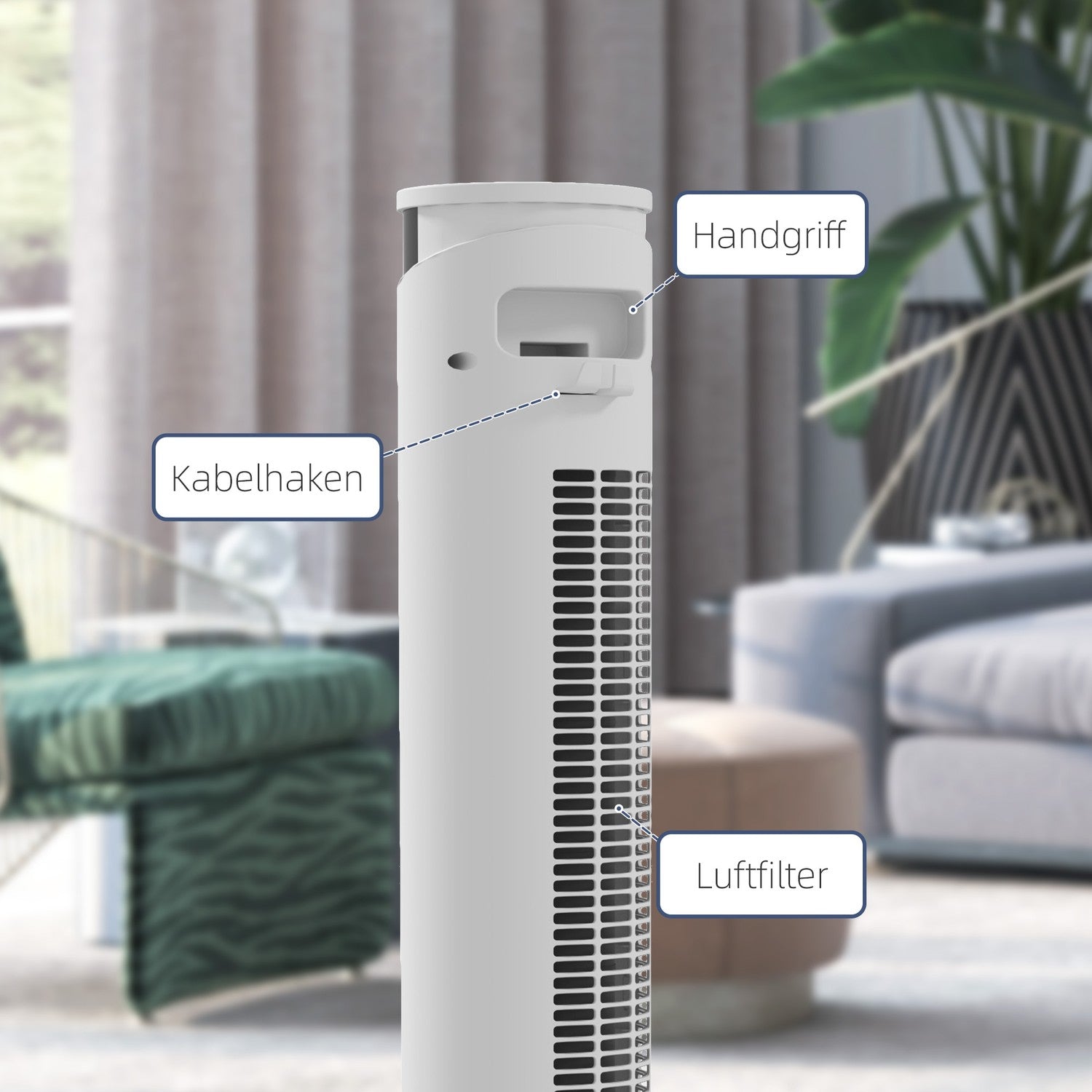 Věžový ventilátor – 3 rychlosti, dálkové ovládání, časovač, oscilace 70°, bílý