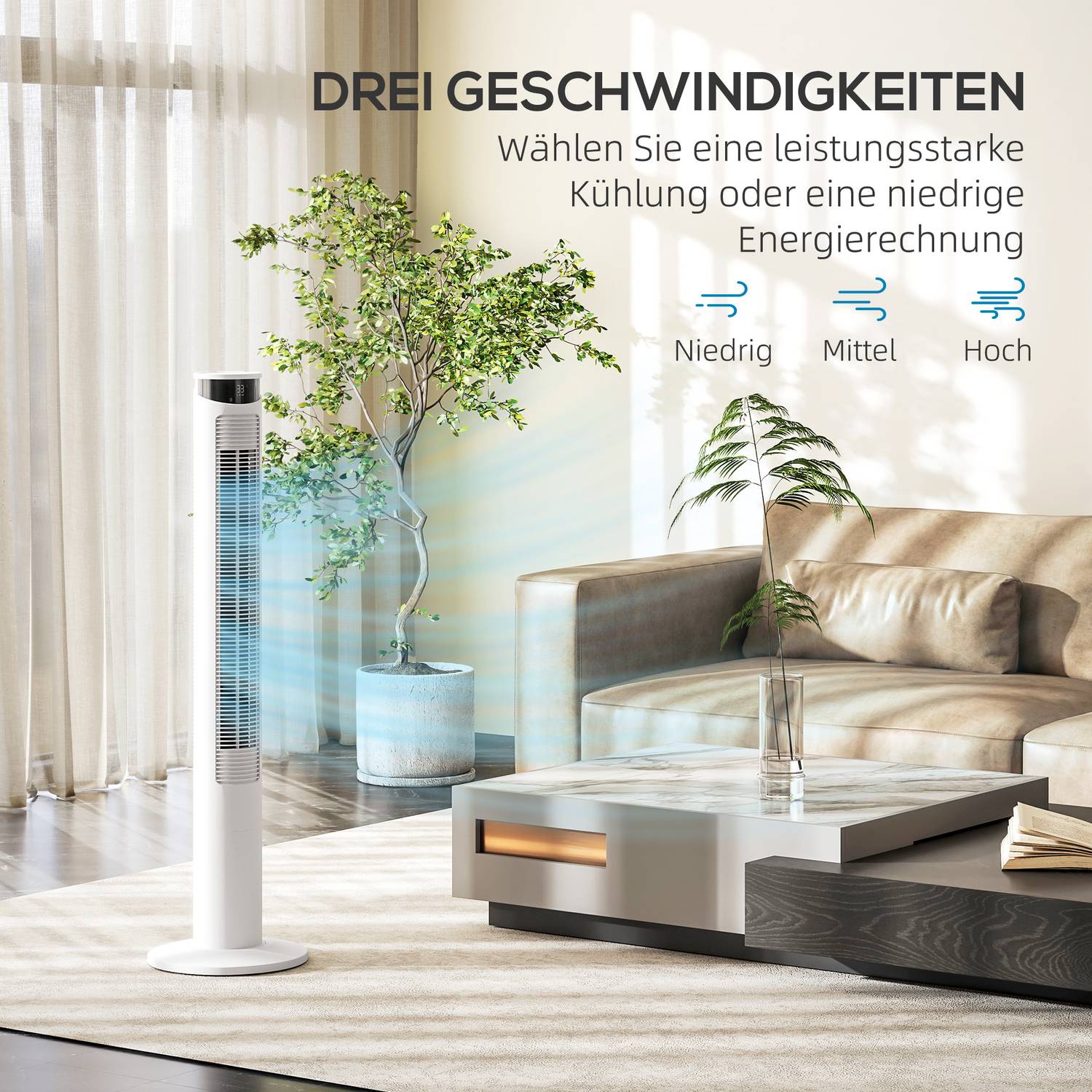 Věžový ventilátor – 3 rychlosti, dálkové ovládání, časovač, oscilace 70°, bílý