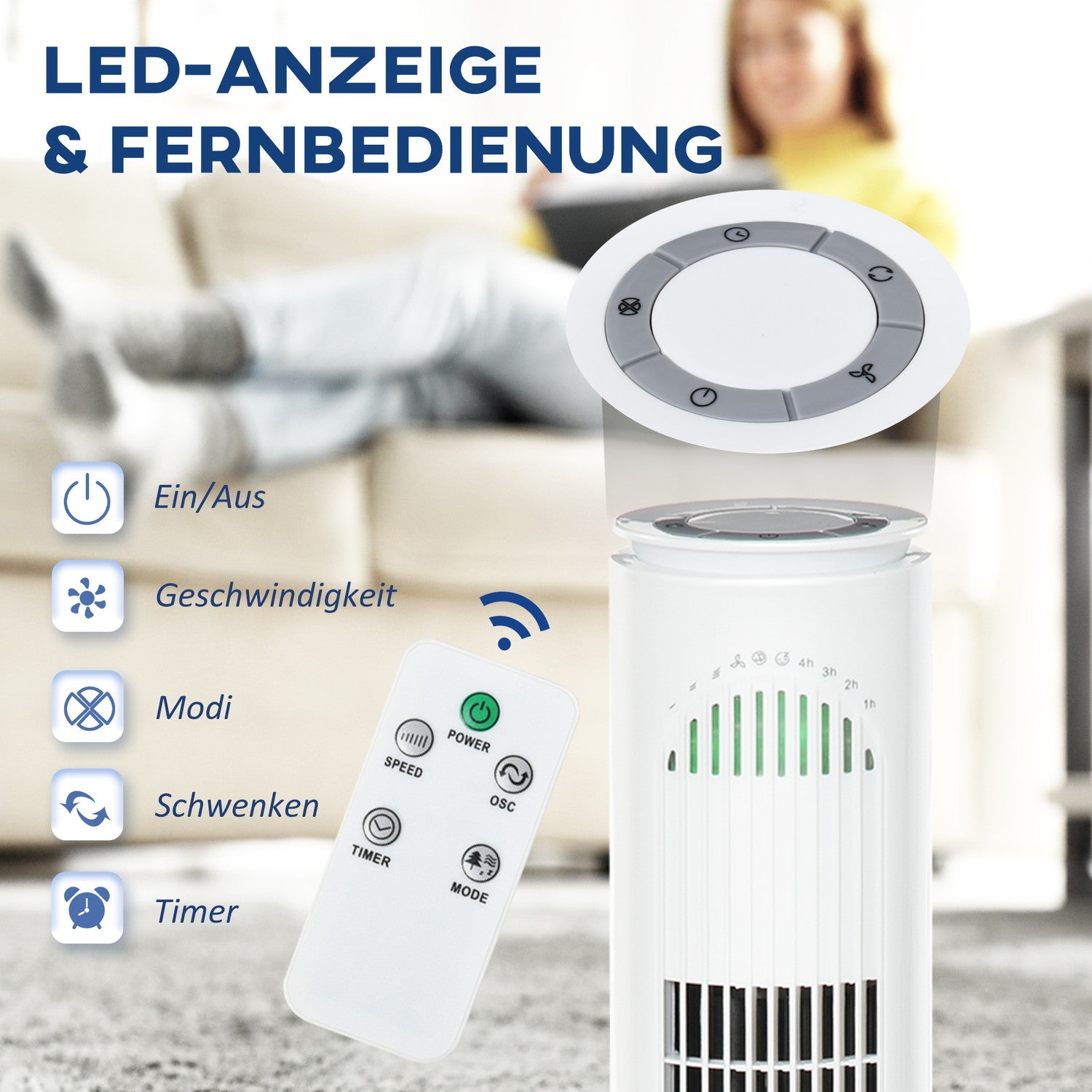 Tornfläkt med 70° oscillation, 77 cm, 45W, 3 hastigheter