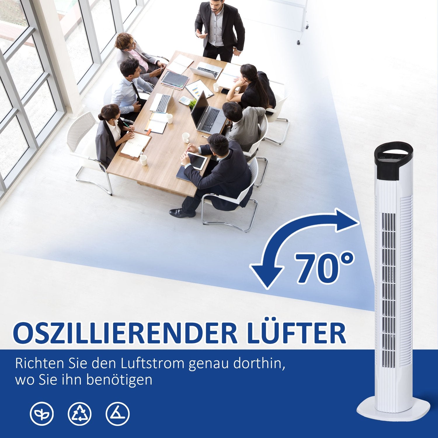 Tornfläkt med 70° oscillation, 78,5 cm, 50W effekt, 3 hastigheter, vit