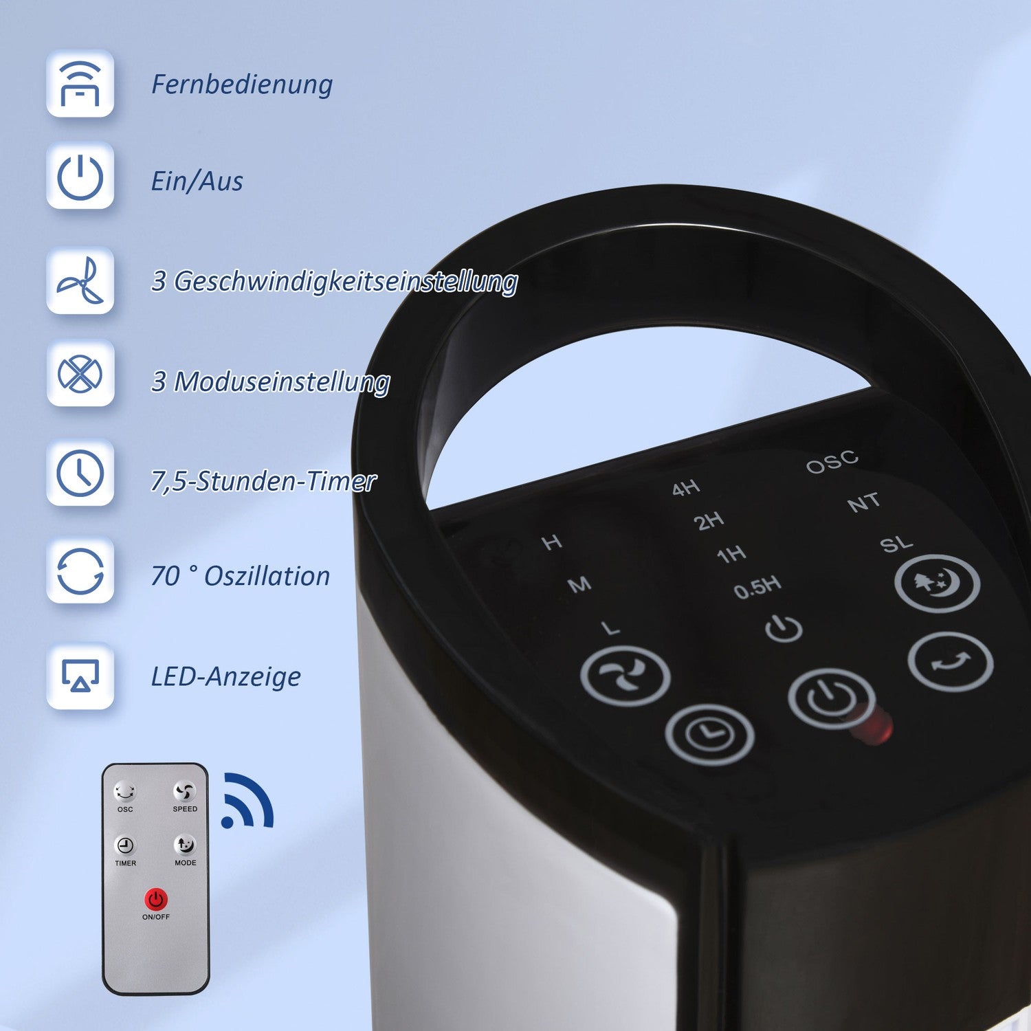 Tornfläkt med 70° oscillation, 78,5 cm, 50W effekt, 3 hastigheter, vit