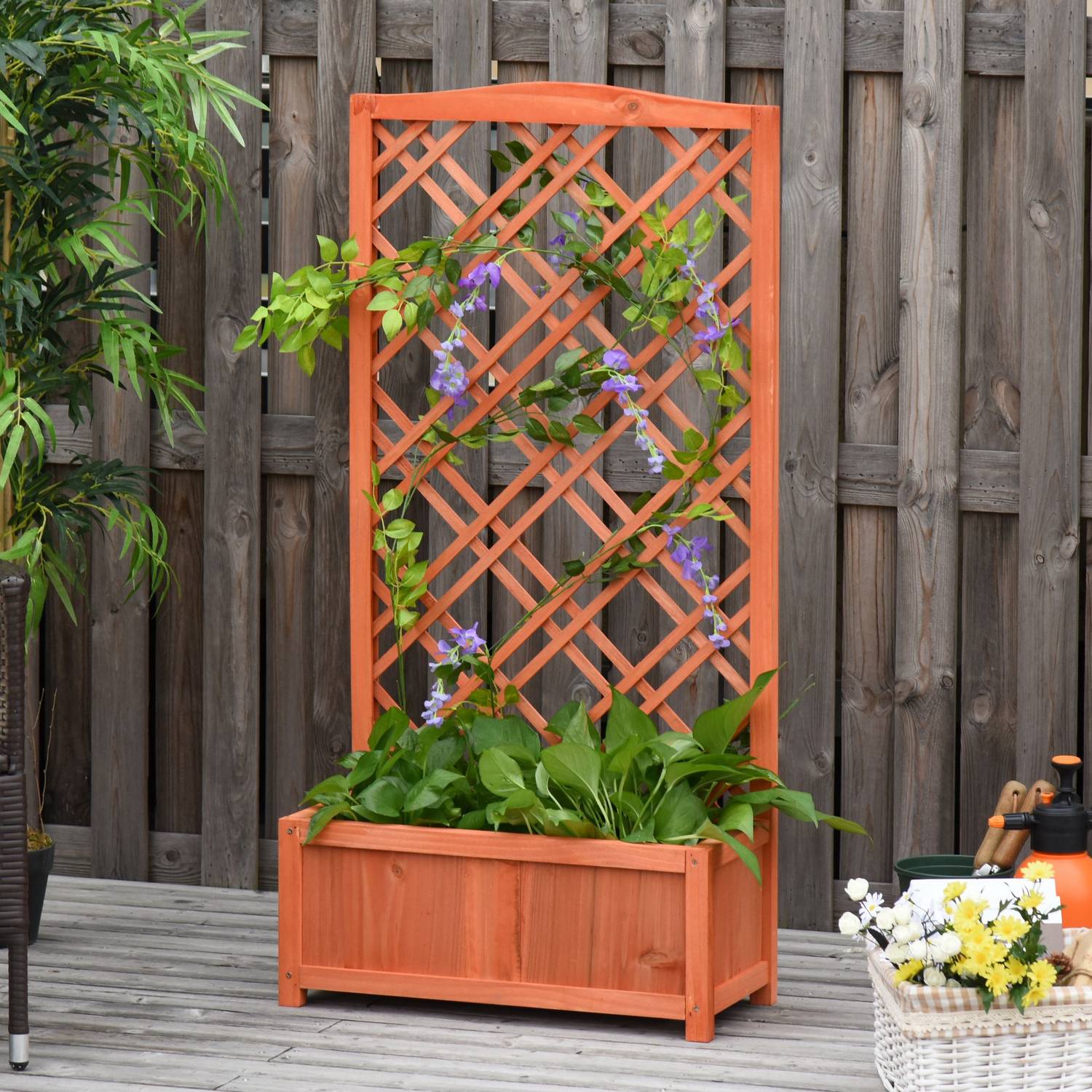 Trä Växtlåda Blomsterställ Med Spaljé, Gul, 60x30x123 Cm