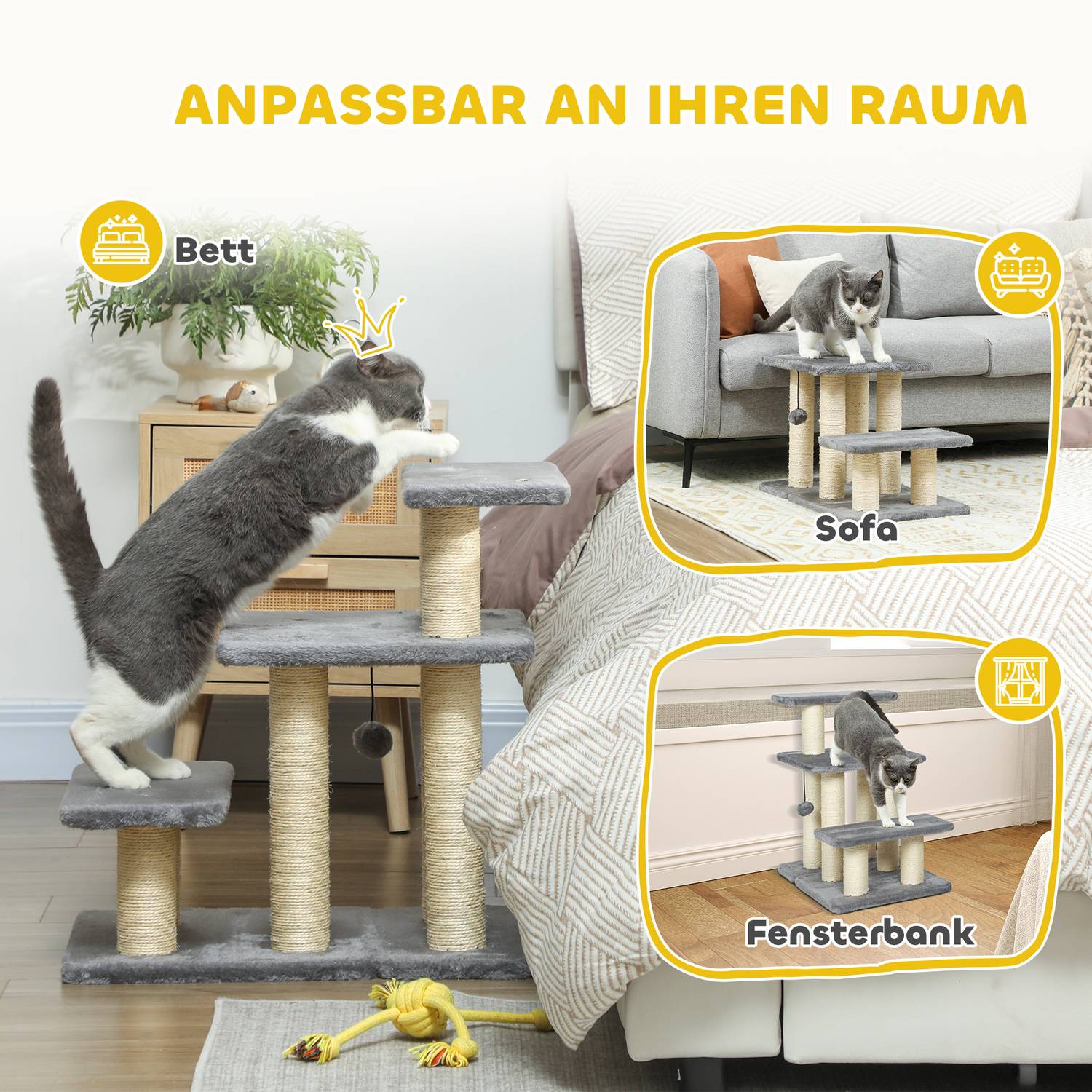 Trappa för husdjur, 3 steg, 54 cm, klösträd i sisal