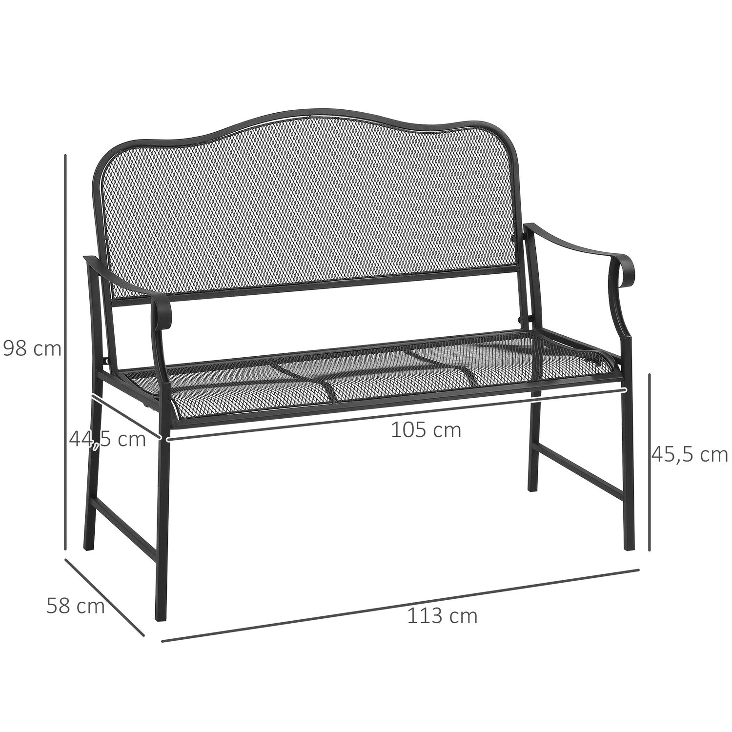 Trädgårdsbänk i metall, 2-sits, svart, kapacitet 220 kg