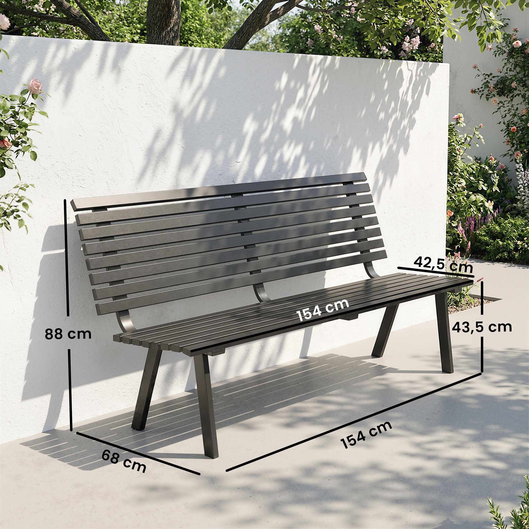 Trädgårdsbänk i metall, svart, 154 cm, plats för 3