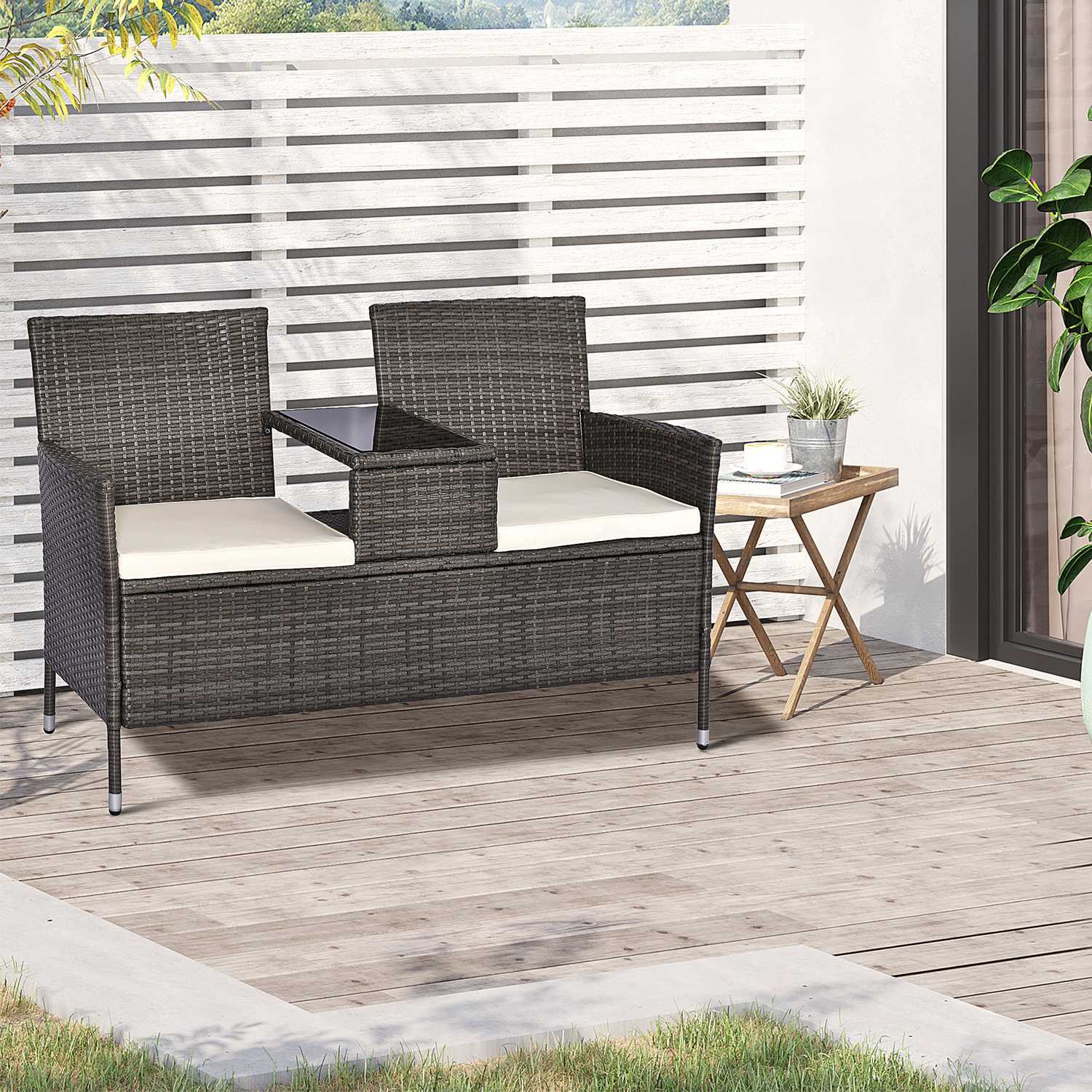 Trädgårdsbänk i polyrattan, 2-sits med bord, grå