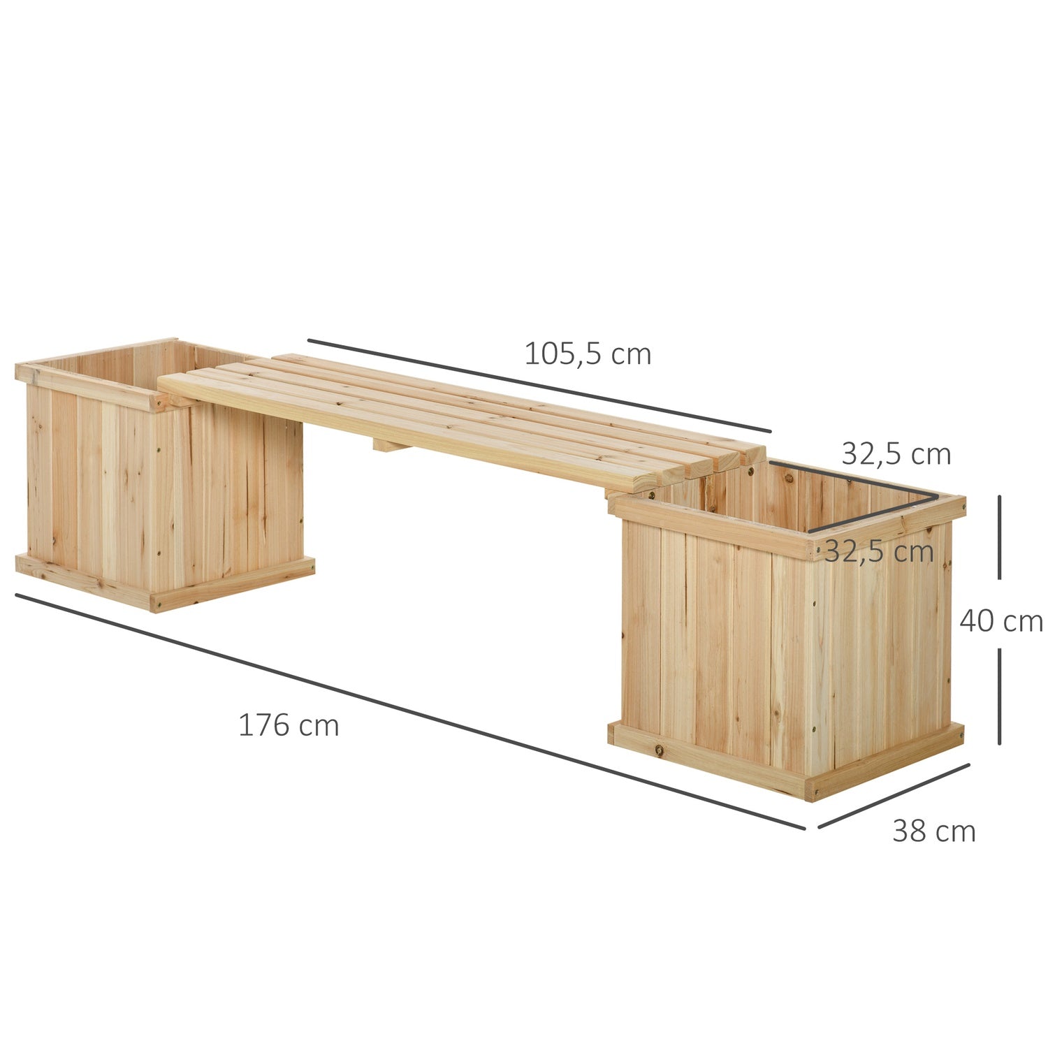 Trädgårdsbänk med dubbla planteringar, naturlig finish