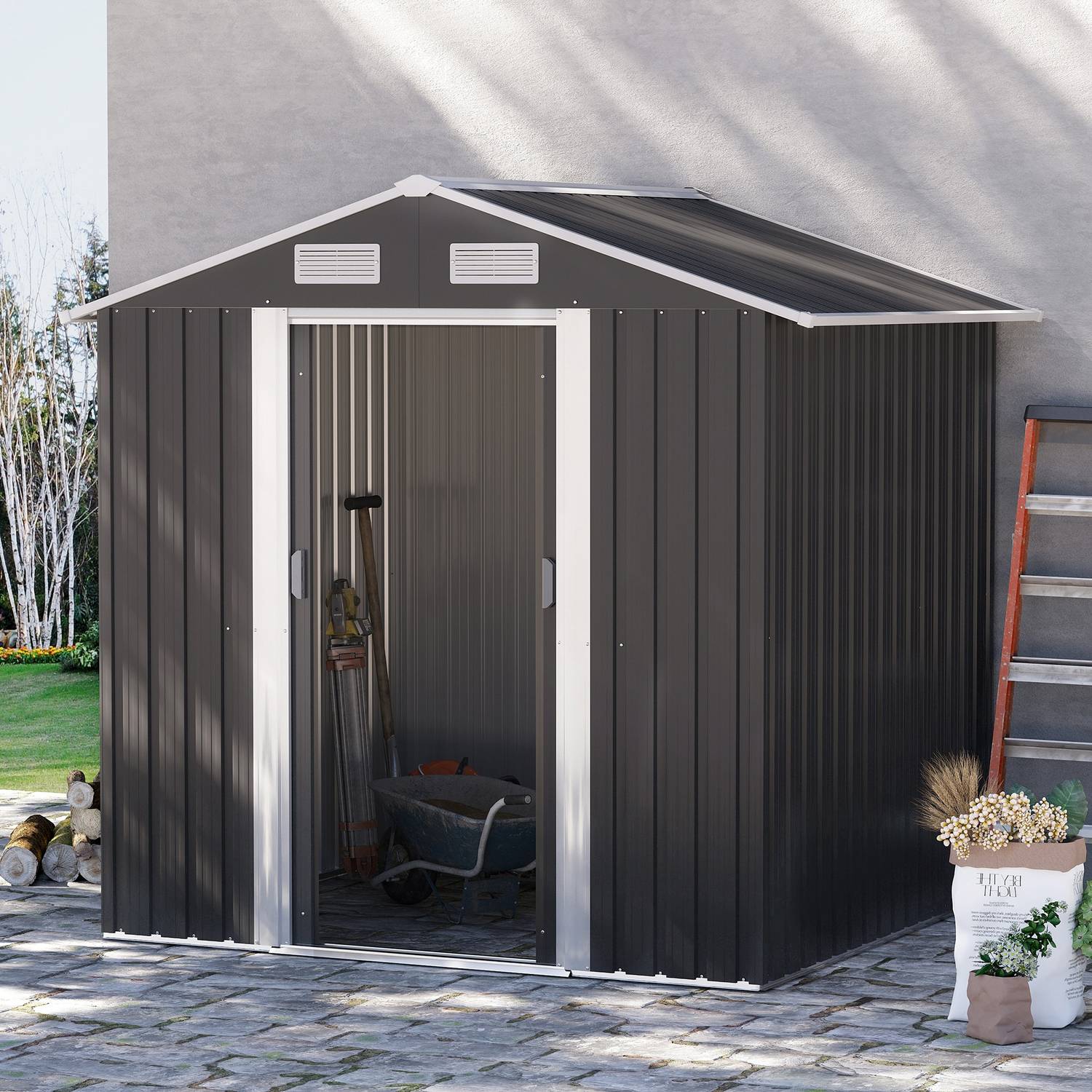 Trädgårdsbod 2,6 m² med skjutdörrar, stål, svart