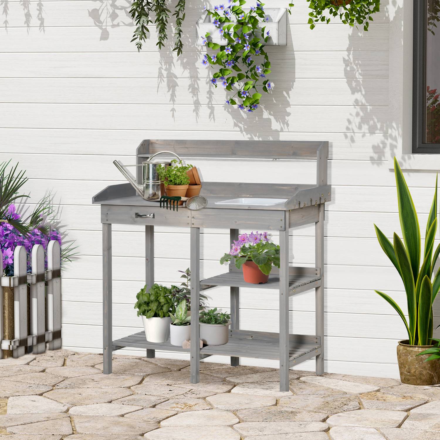 Trädgårdsbord med badkar för blommor, Grå 117×45×121 cm