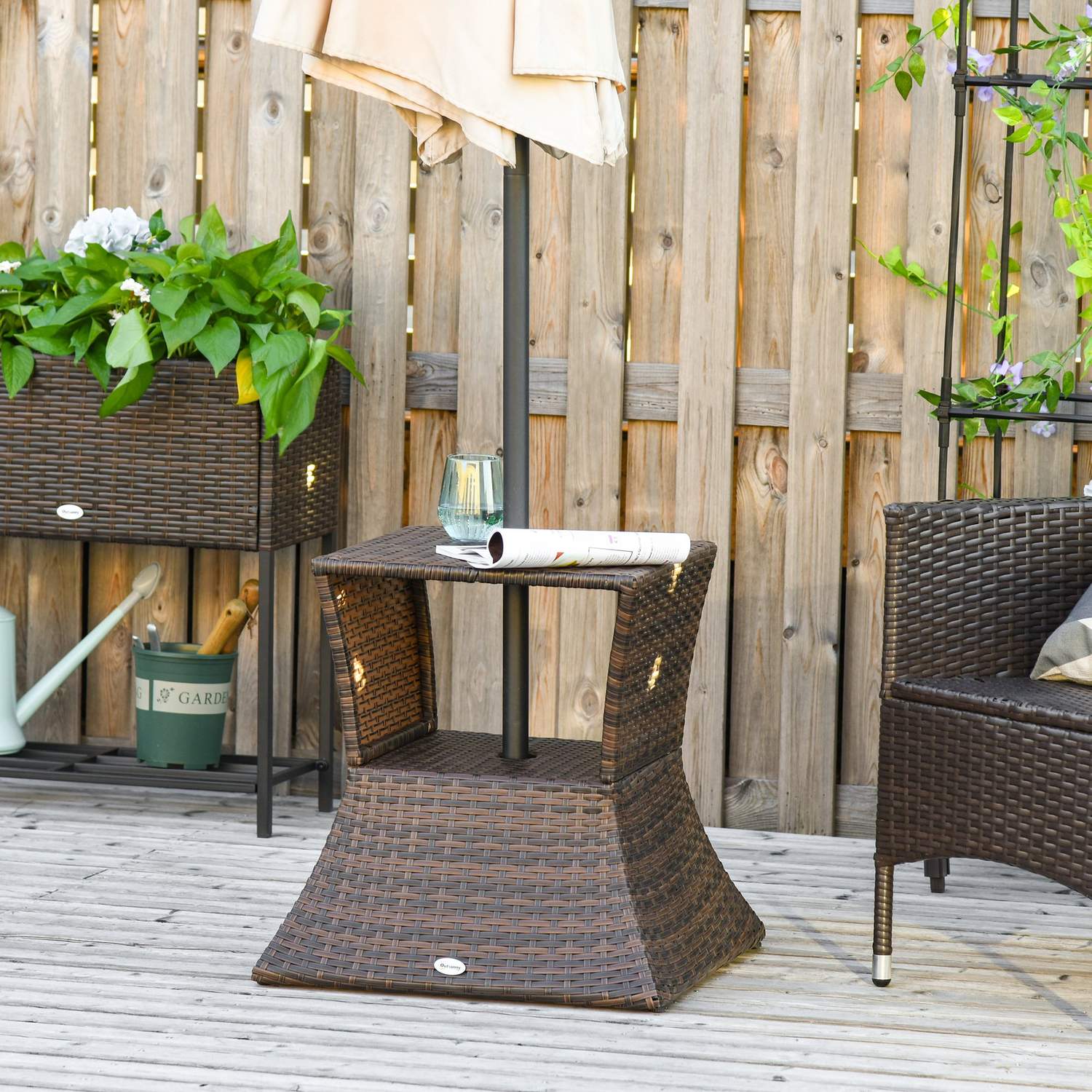 Trädgårdsbord med parasollställ – Polyrattan, Brun, 54x54x55 cm