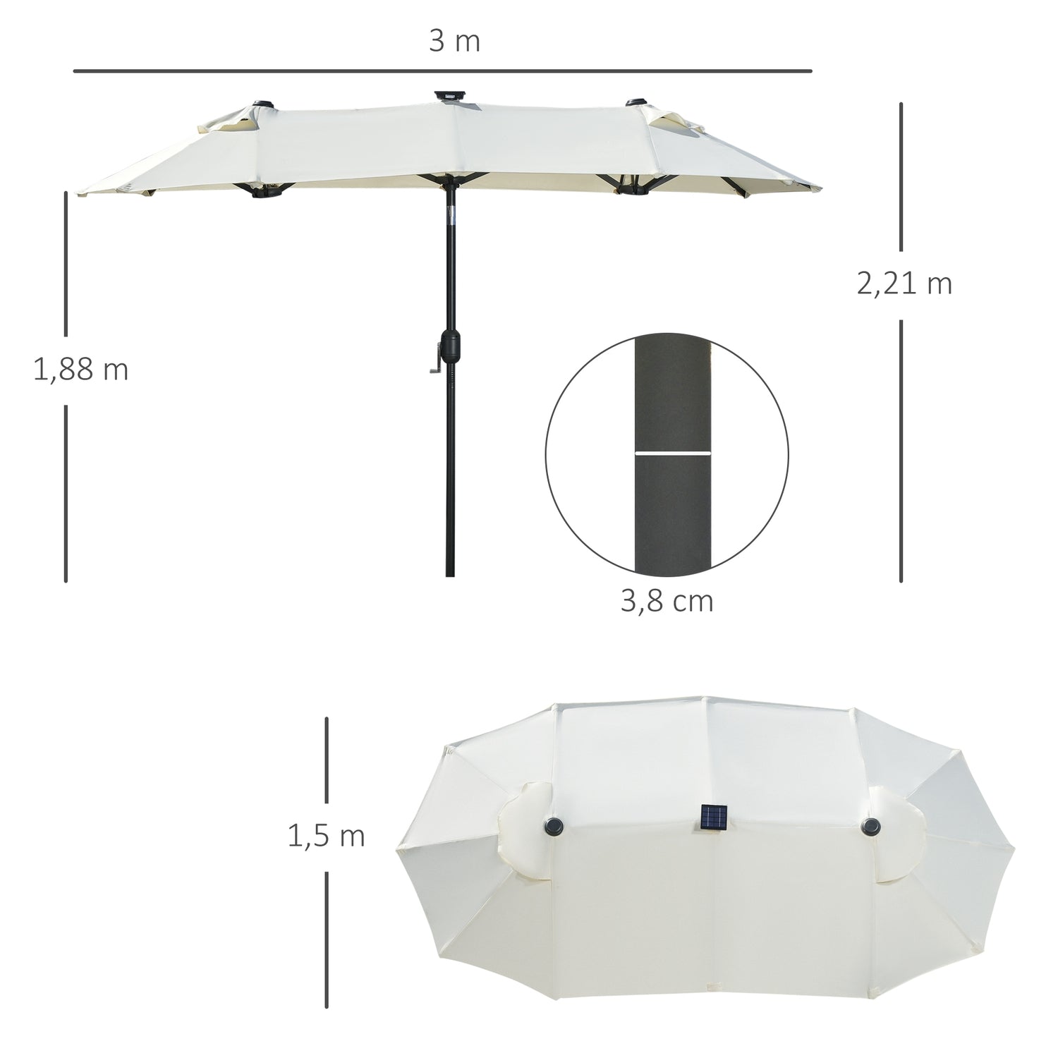 Trädgårdsdubbelparasoll med LED & justerbar lutning, Beige