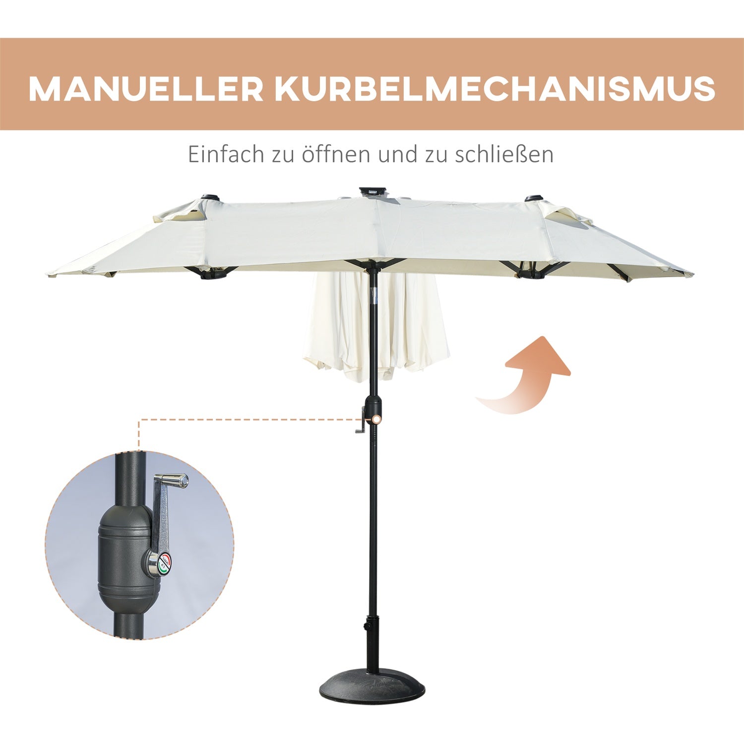 Trädgårdsdubbelparasoll med LED & justerbar lutning, Beige