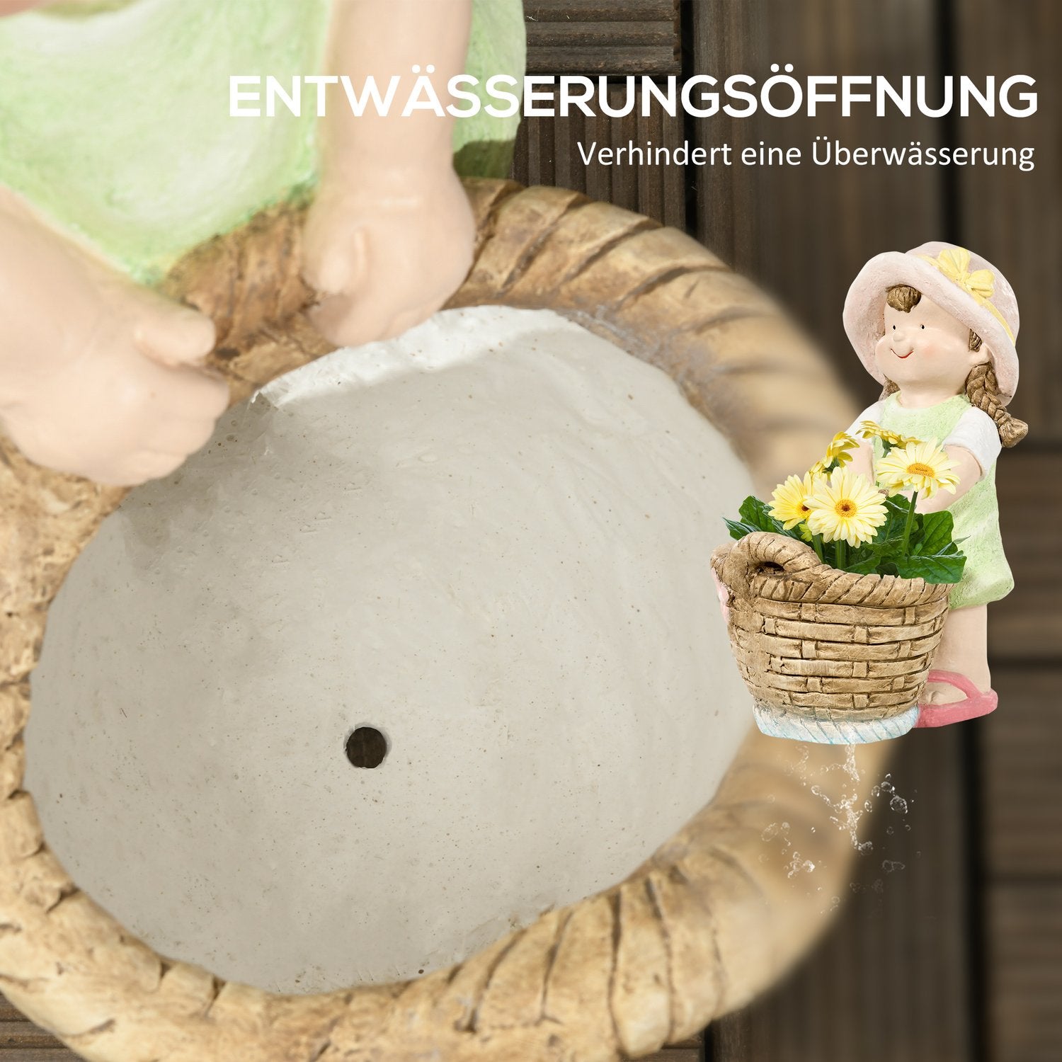 Trädgårdsfigur – flicka med blomkruka, väderbeständig skulptur