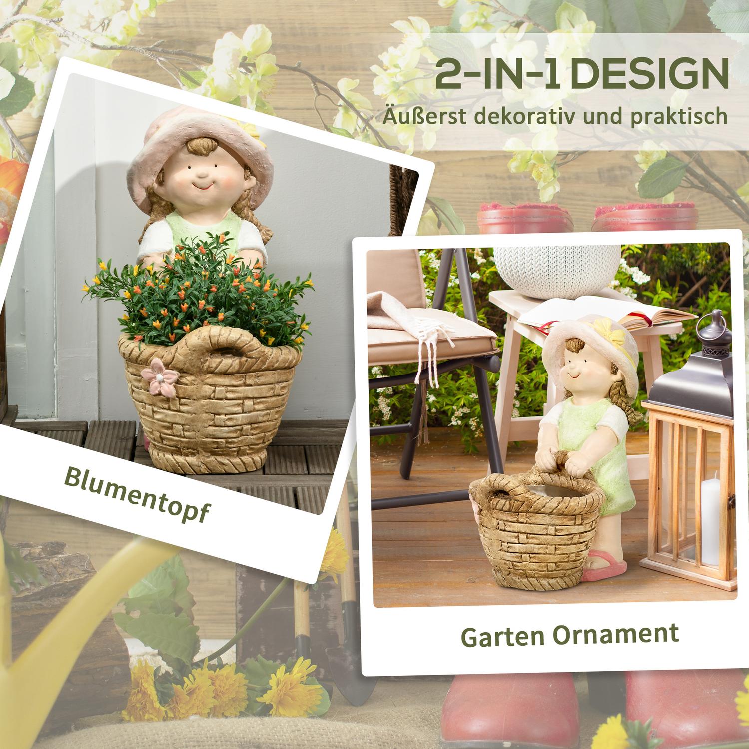 Trädgårdsfigur – flicka med blomkruka, väderbeständig skulptur