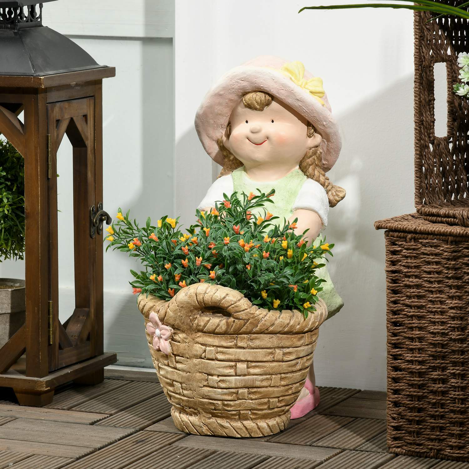 Trädgårdsfigur – flicka med blomkruka, väderbeständig skulptur
