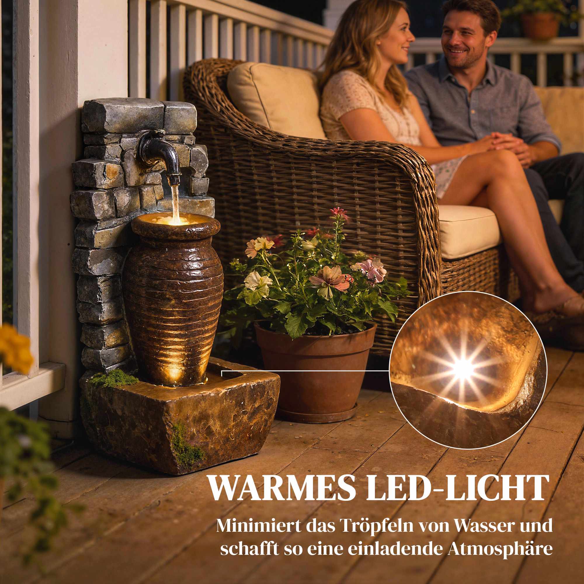 Trädgårdsfontän med LED-lampor, justerbart vattenflöde