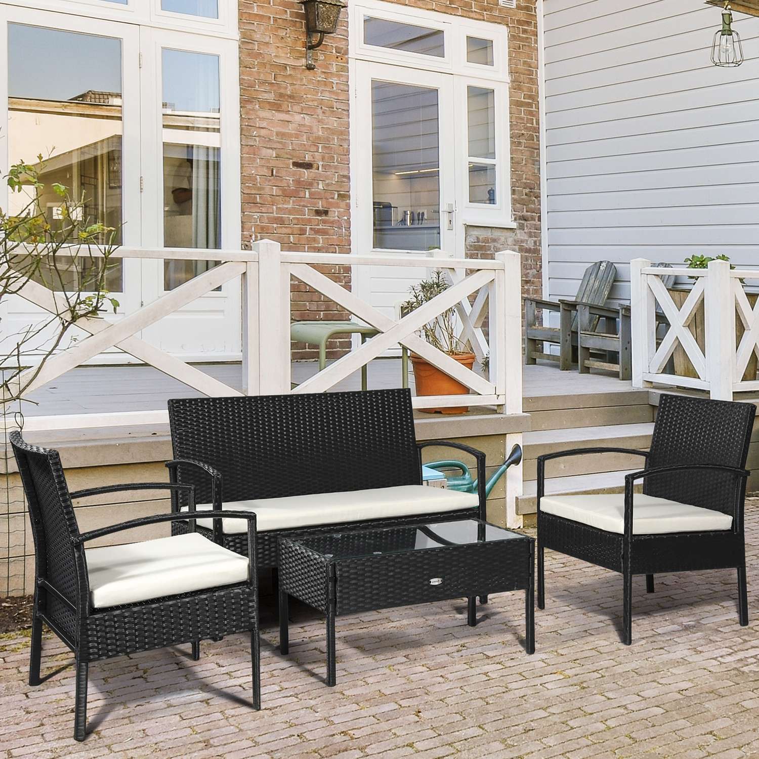 Trädgårdsloungeset i polyrattan med kuddar, svart, säten 4