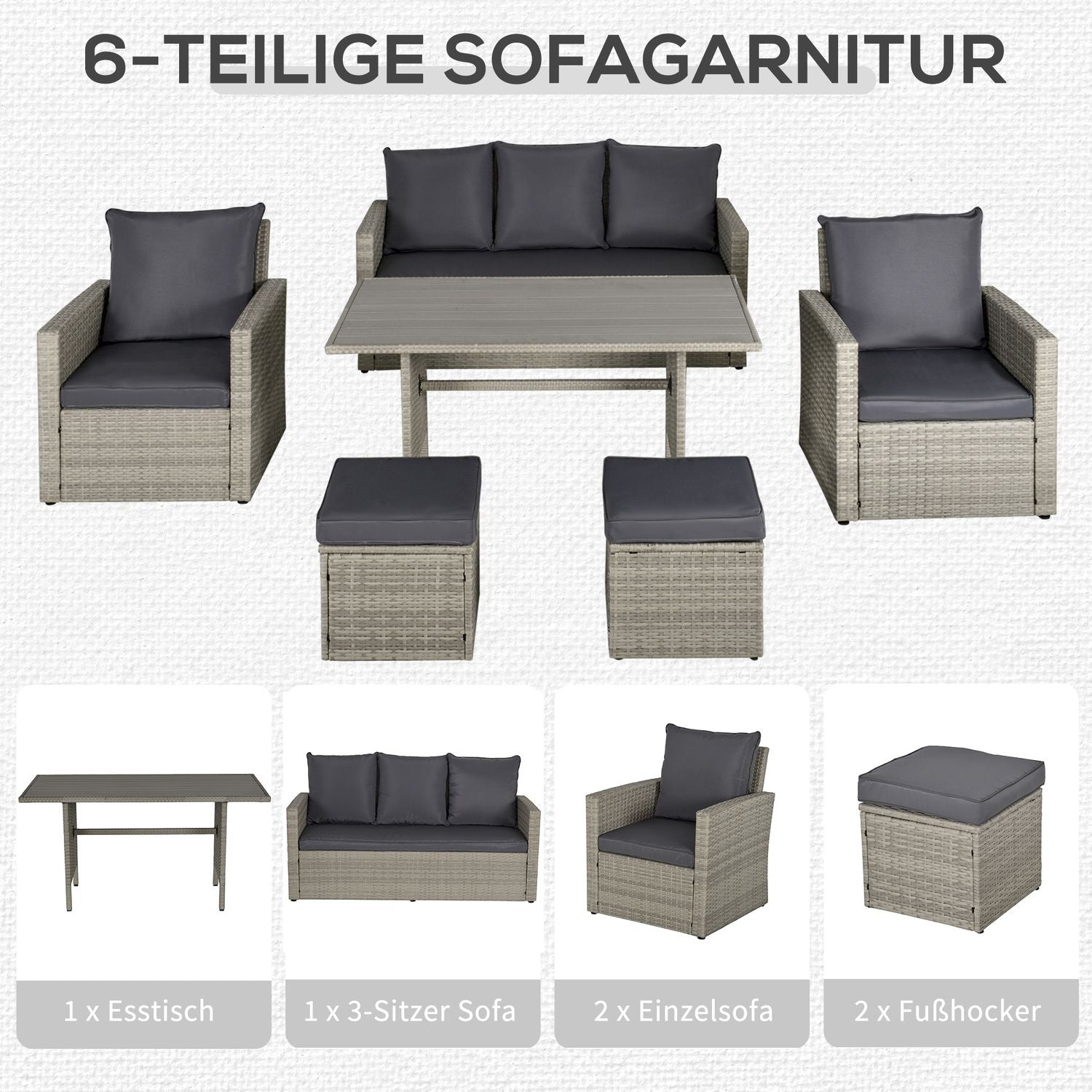 Trädgårdsmatsoffa med lounge & pall, PE rottinggrå