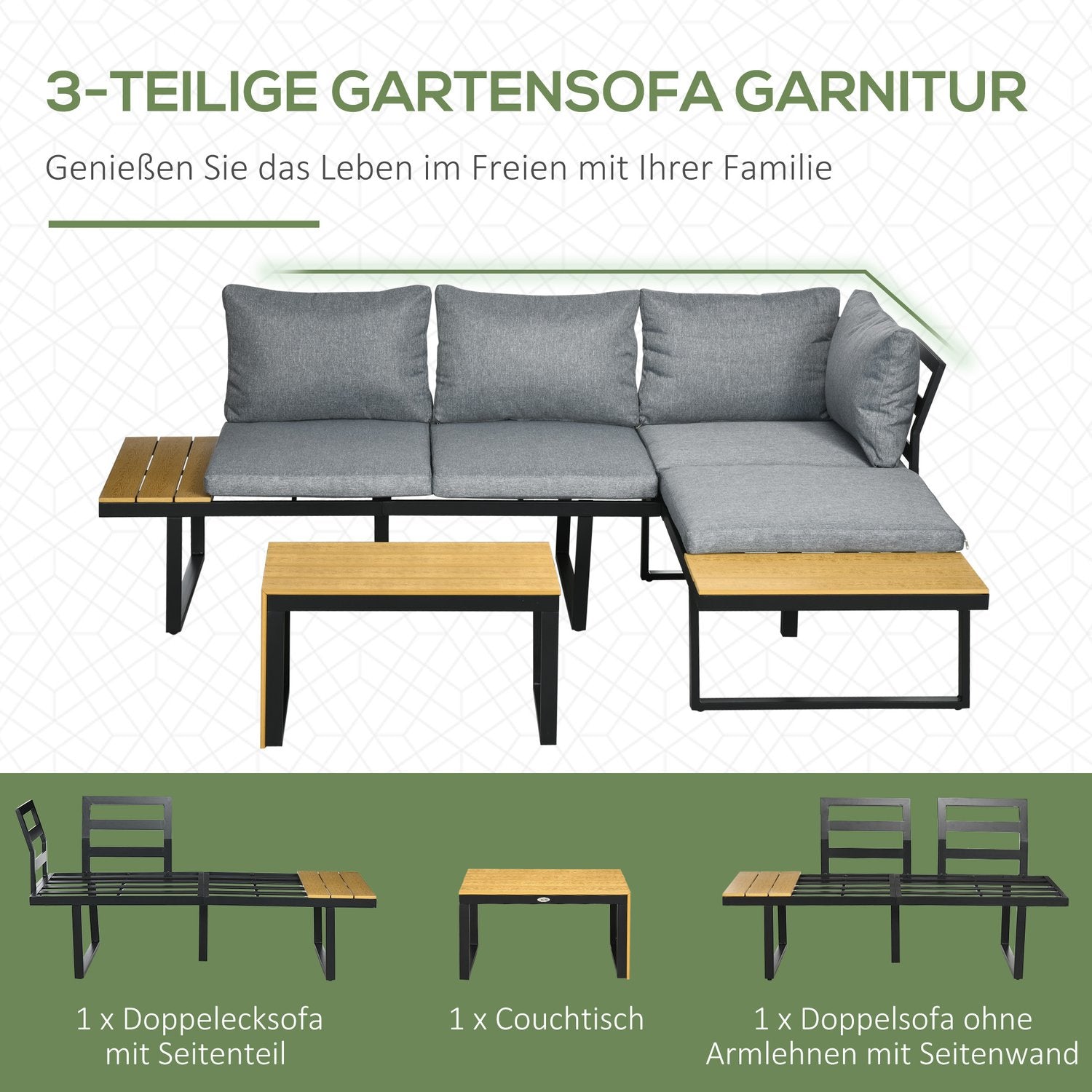 Trädgårdsmöbelset för 3, aluminium & trälook, mörkgrå