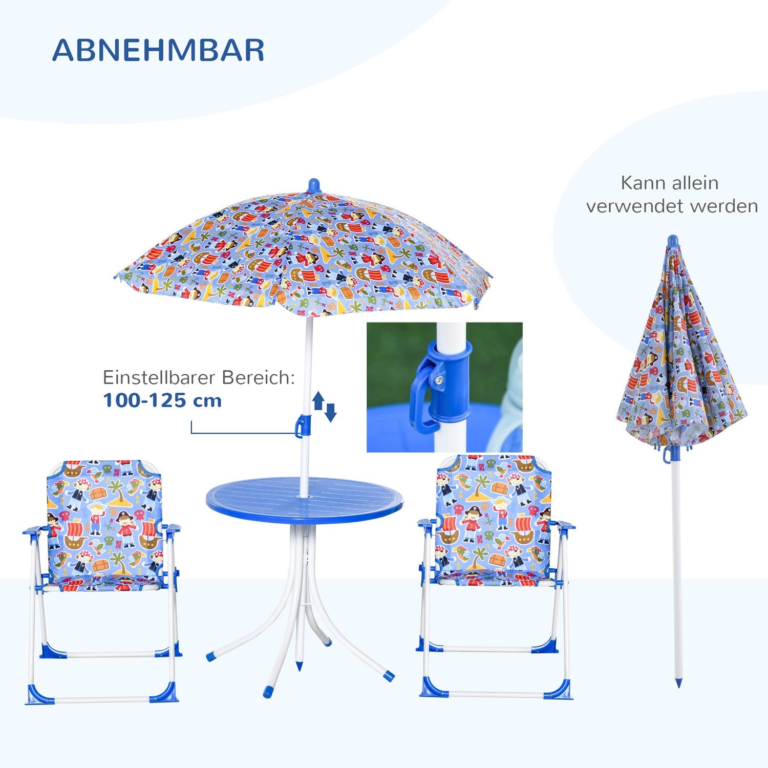 Trädgårdsmöbler för barn – bord, 2 stolar, parasoll