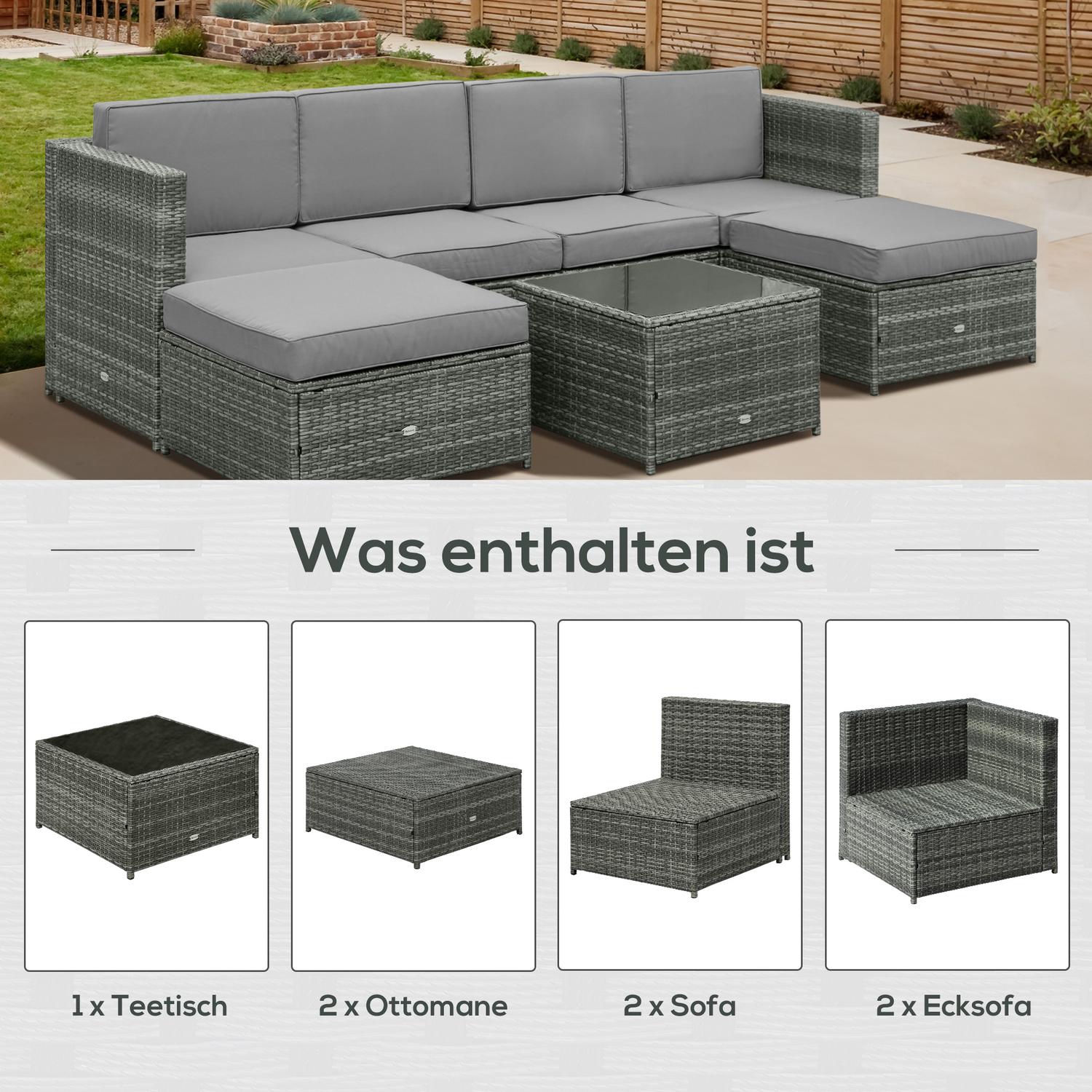 Trädgårdsmöbler i polyrattan med fotpall, grå