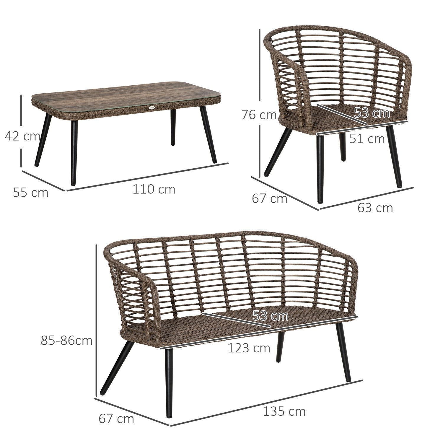 Trädgårdsmöbler i polyrattan med kuddar för 4 – Brun/Grå
