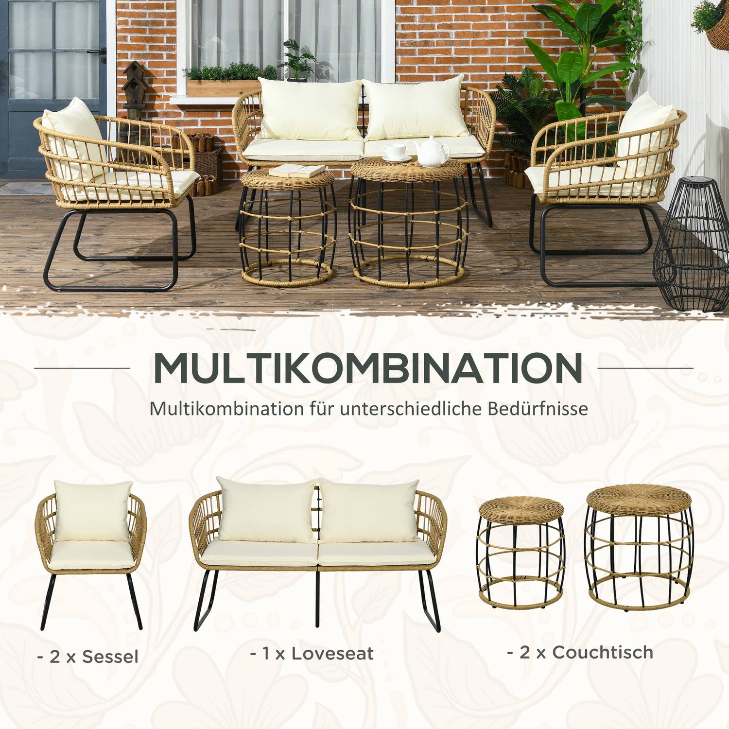 Trädgårdsmöbler i rotting, dämpad, 5-delad beige