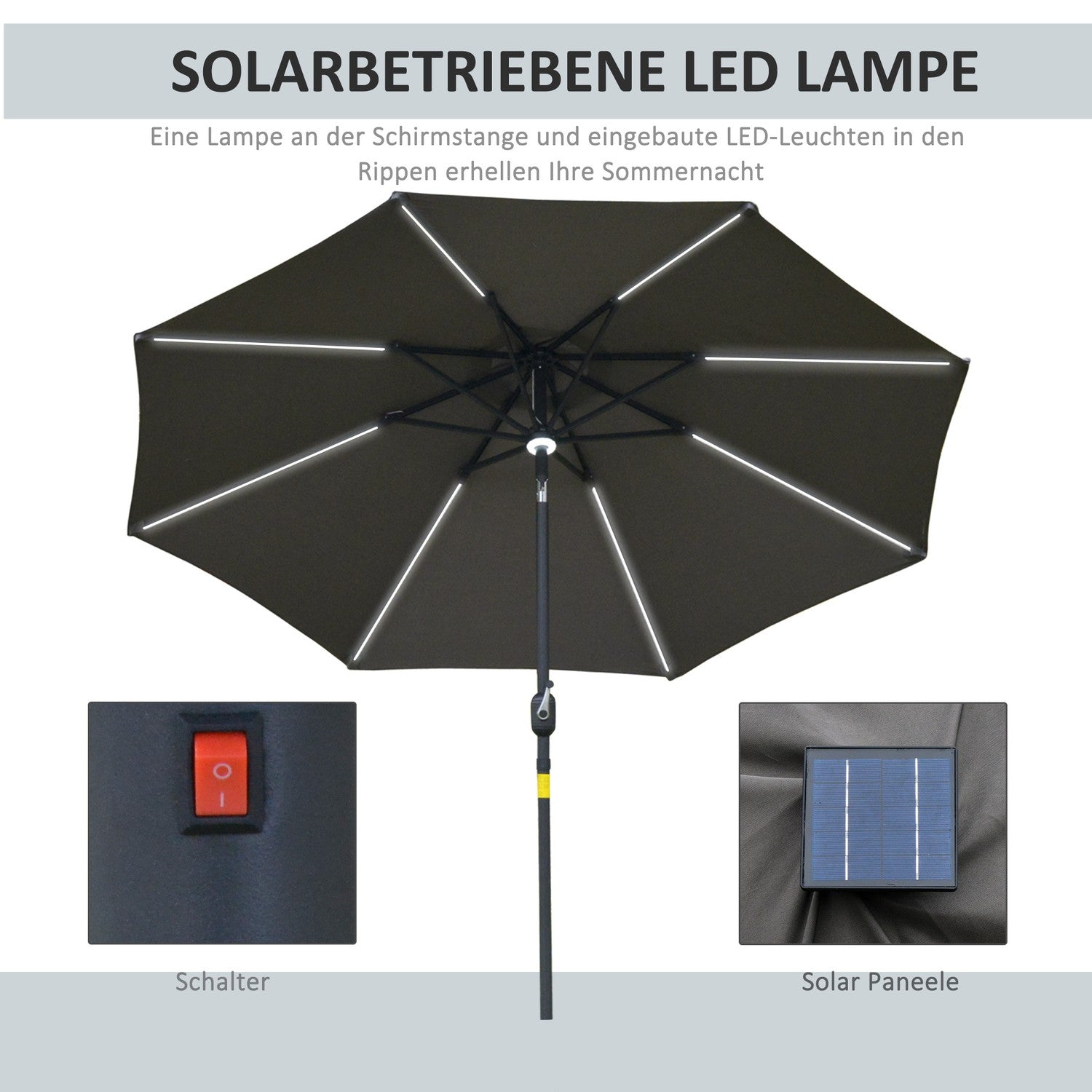 Trädgårdsparaply med Solar LED-ljus – mörkgrå, 270cm