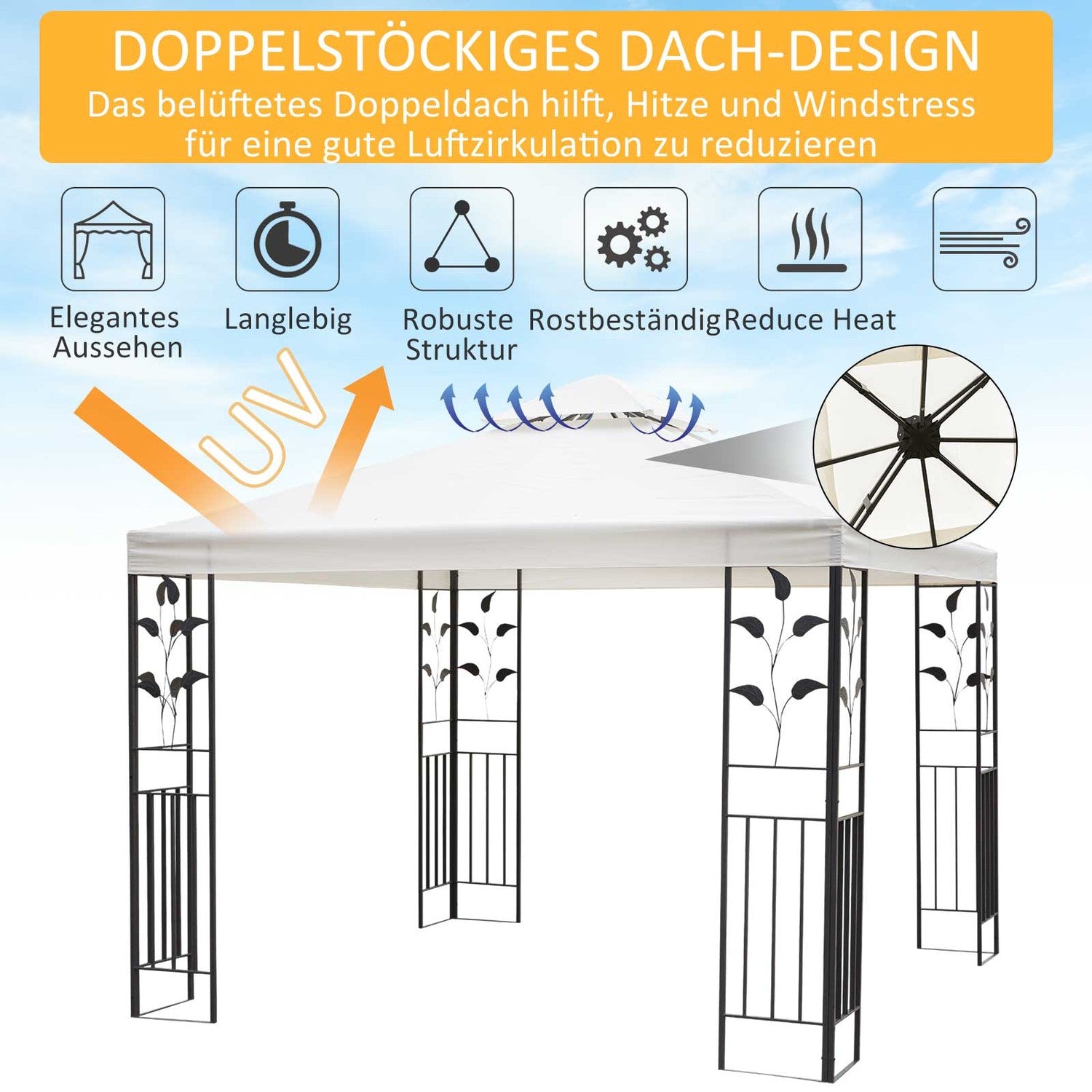 Trädgårdspaviljongtält, bladdesign, stålstomme, 2,95x2,95M