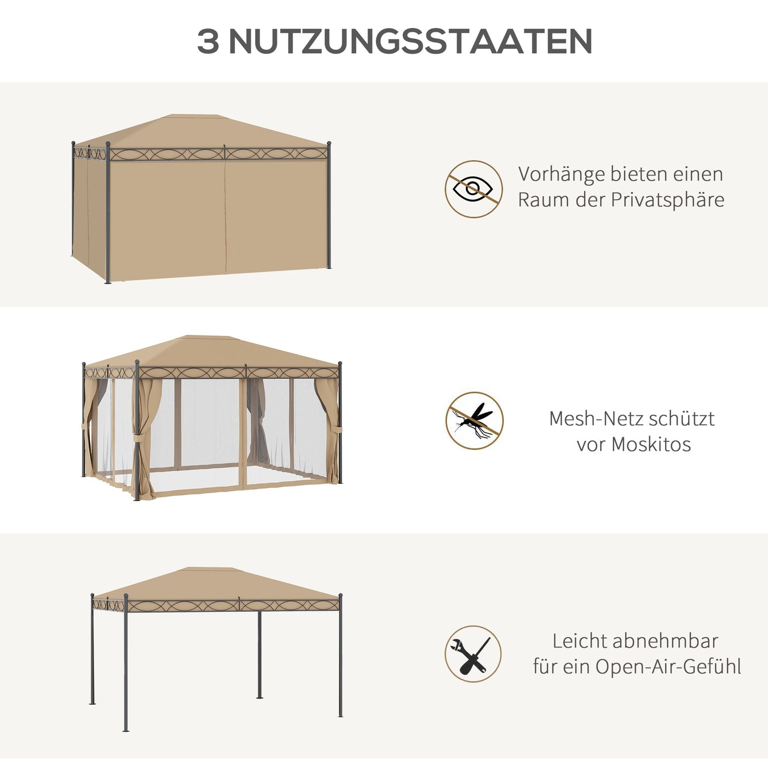 Trädgårdspaviljongtält med sidoväggar & myggnät, beige