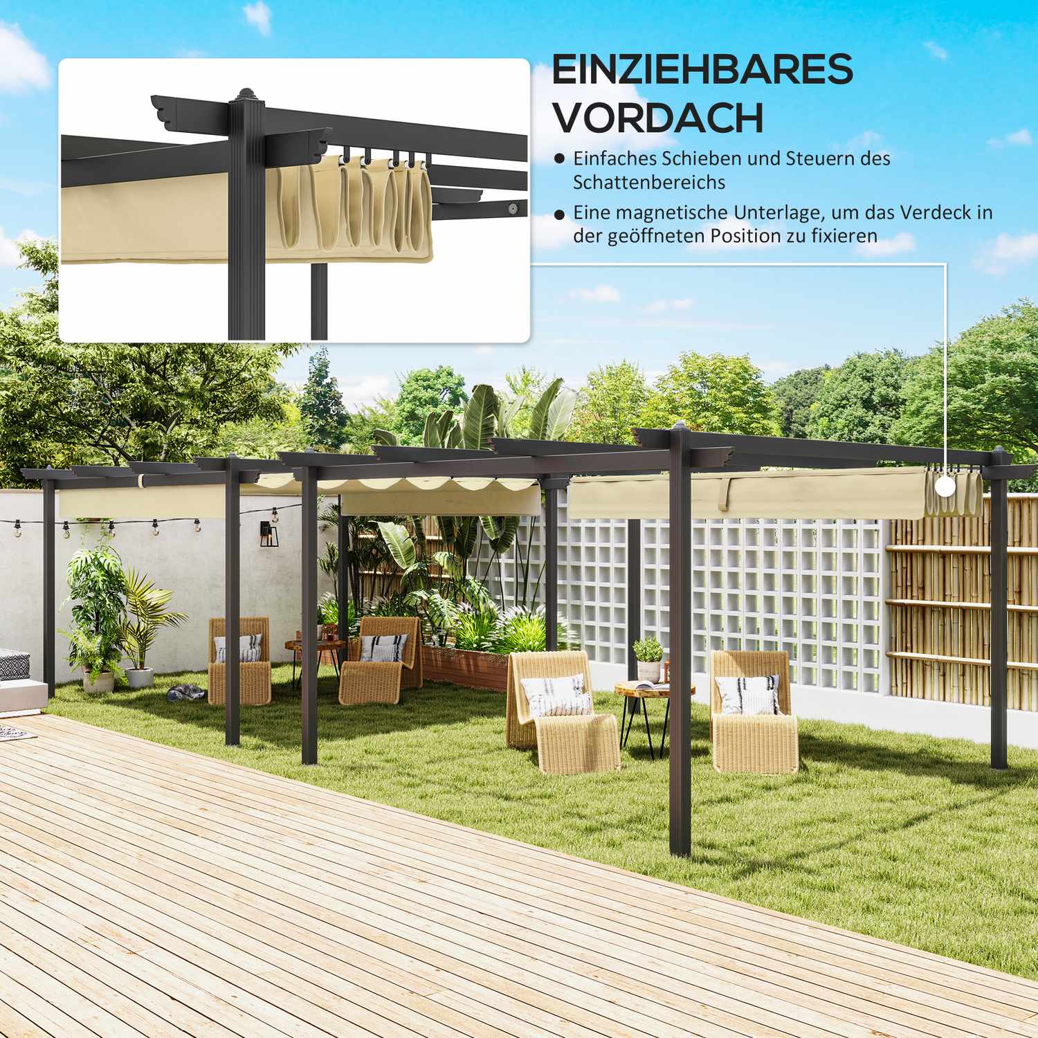 Hliníková zahradní pergola s nastavitelnou střechou, 4x4 m, béžová