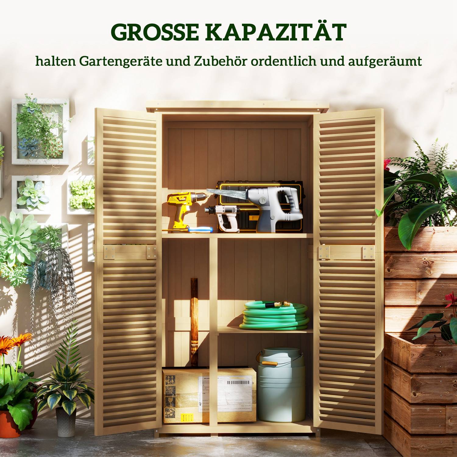 Dřevěný zahradní domek na nářadí, asfaltová střecha, 4 přihrádky