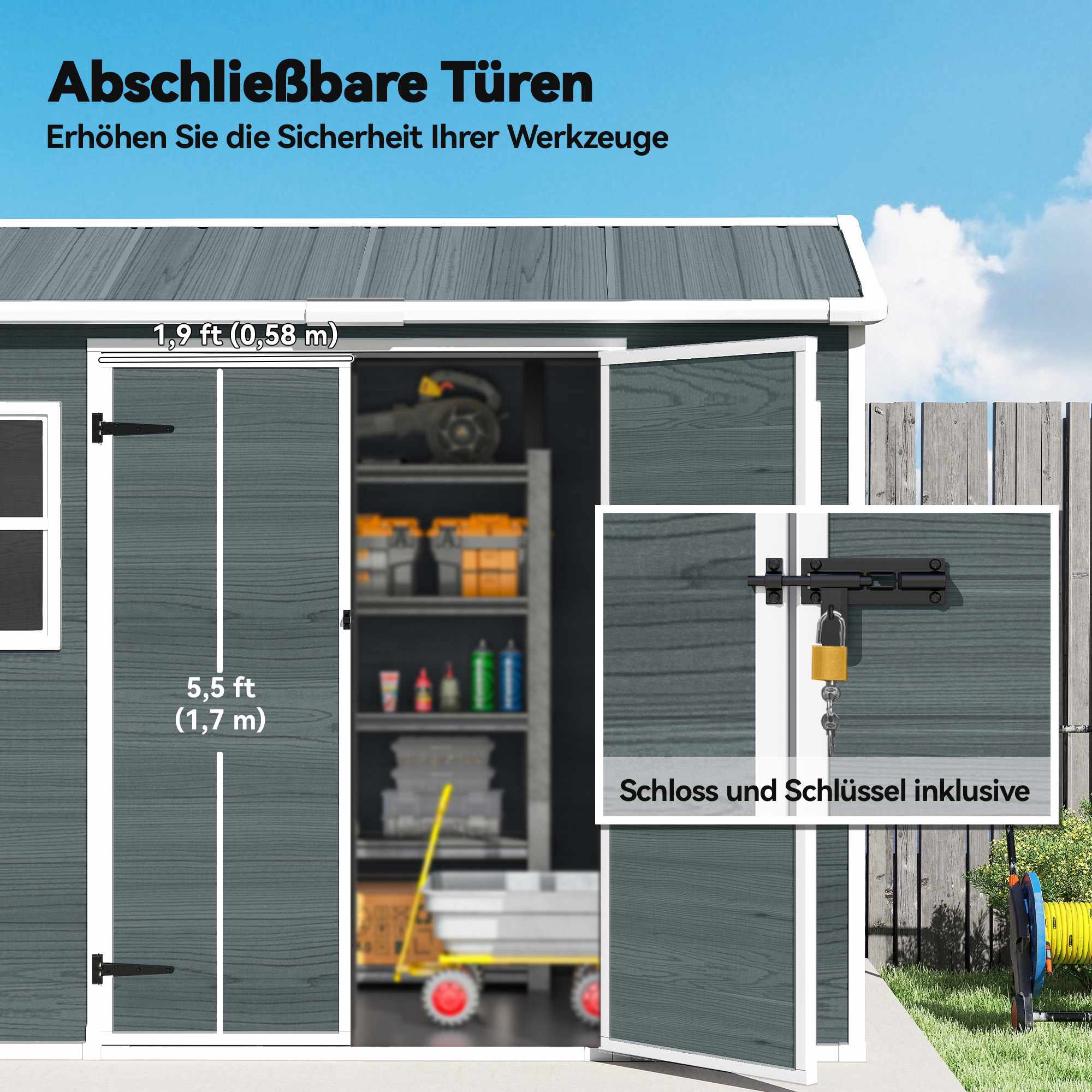 Trädgårdsskjul, 2,77 m², Dubbeldörrar, Fönster, Lås