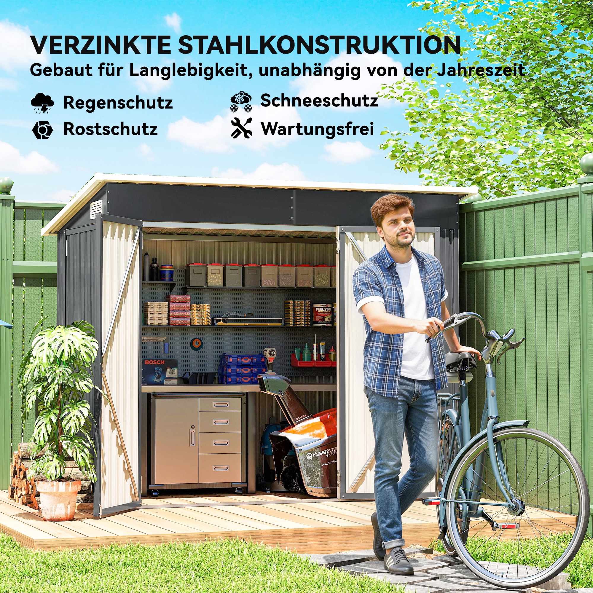 Trädgårdsskjul i metall med dubbeldörrar, låsbart, stål