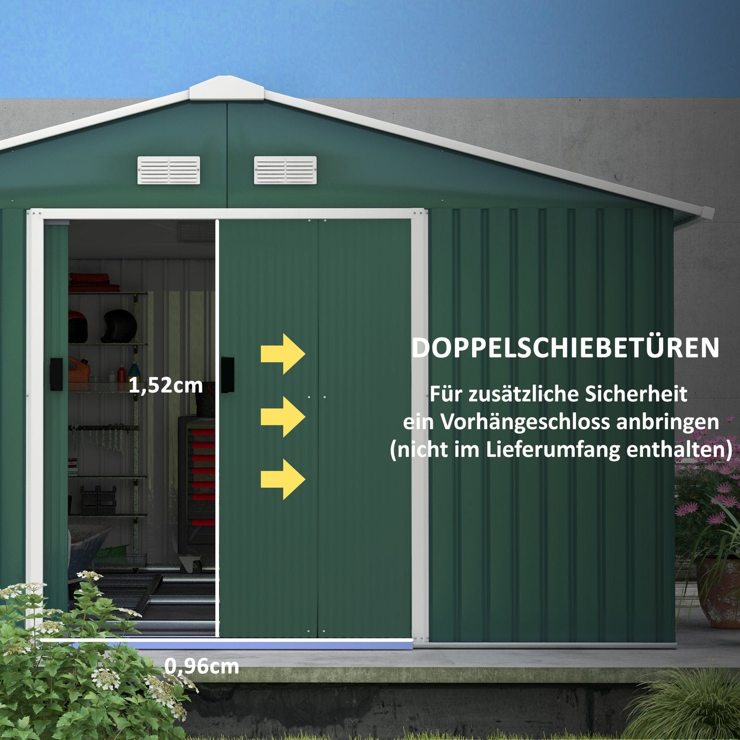 Trädgårdsskjul i mörkgrön galvaniserat stål, 12,4 m², väderbeständig