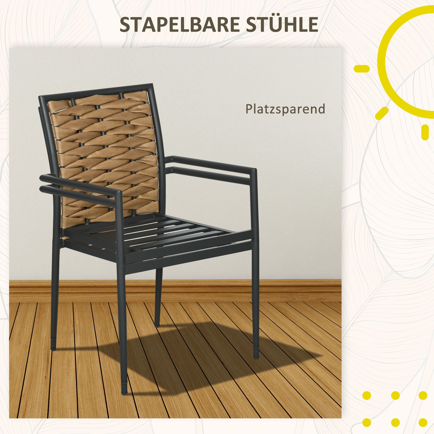 Trädgårdsstolar i rotting, stapelbar med kuddar, svart