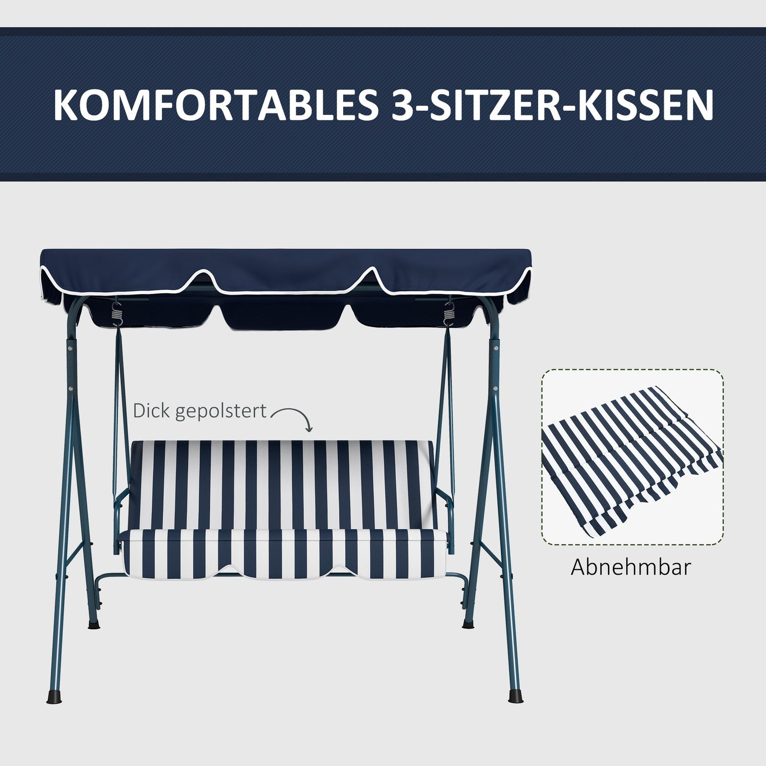 Trädgårdssvingbänk, 3-sits, justerbart tak, blå