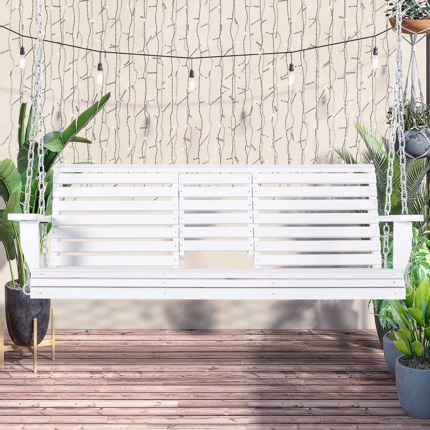 Trädgårdssvingbänk med hopfällbart bord, 2-3 sits, vit