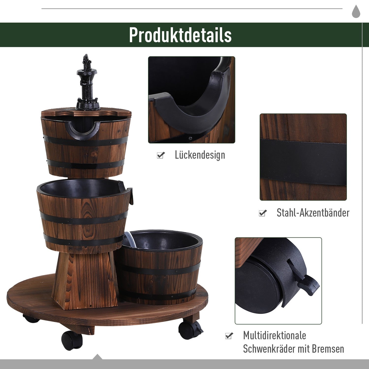 Träkaskadfontän med pump, förkolad gran, 60x60x78 cm
